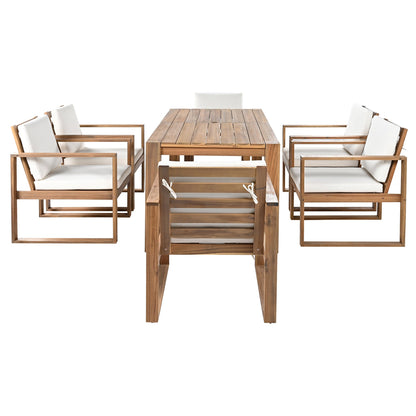 TREXM Patio Table and Chairs Set, Outdoor Dining Set for 6 with Umbrella Hole, 7 Piece Outdoor Patio Furniture Set Wood Frame with Removable Cushion for Garden, Backyard, Lawn, and Poolside - 1st Choice Furniture Direct