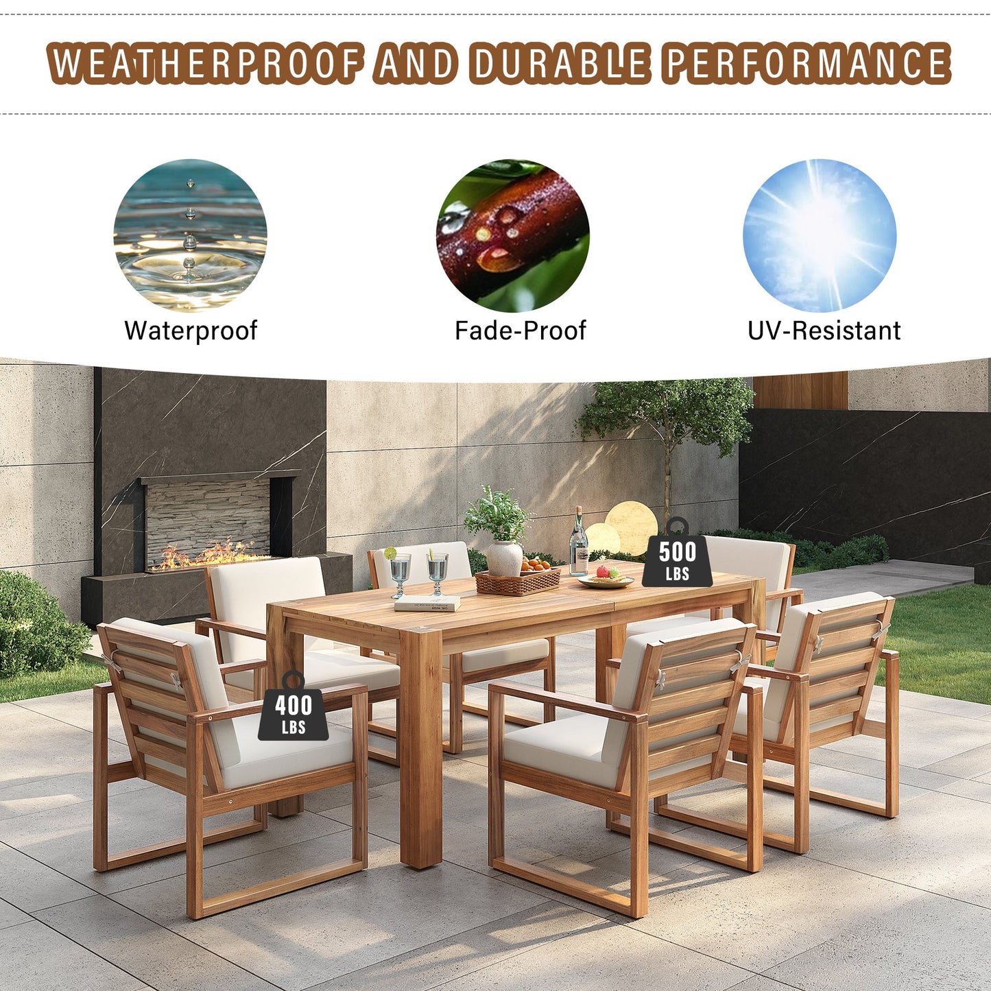 TREXM Patio Table and Chairs Set, Outdoor Dining Set for 6 with Umbrella Hole, 7 Piece Outdoor Patio Furniture Set Wood Frame with Removable Cushion for Garden, Backyard, Lawn, and Poolside - 1st Choice Furniture Direct
