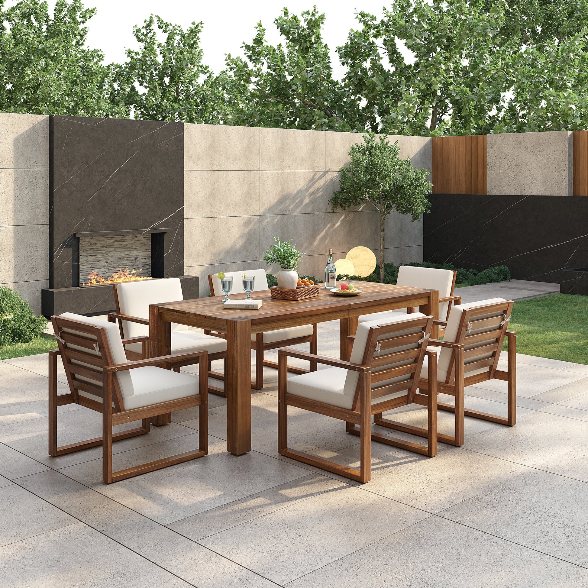 TREXM Patio Table and Chairs Set, Outdoor Dining Set for 6 with Umbrella Hole, 7 Piece Outdoor Patio Furniture Set Wood Frame with Removable Cushion for Garden, Backyard, Lawn, and Poolside - 1st Choice Furniture Direct