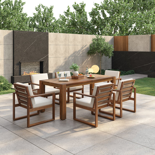 TREXM Patio Table and Chairs Set, Outdoor Dining Set for 6 with Umbrella Hole, 7 Piece Outdoor Patio Furniture Set Wood Frame with Removable Cushion for Garden, Backyard, Lawn, and Poolside - 1st Choice Furniture Direct