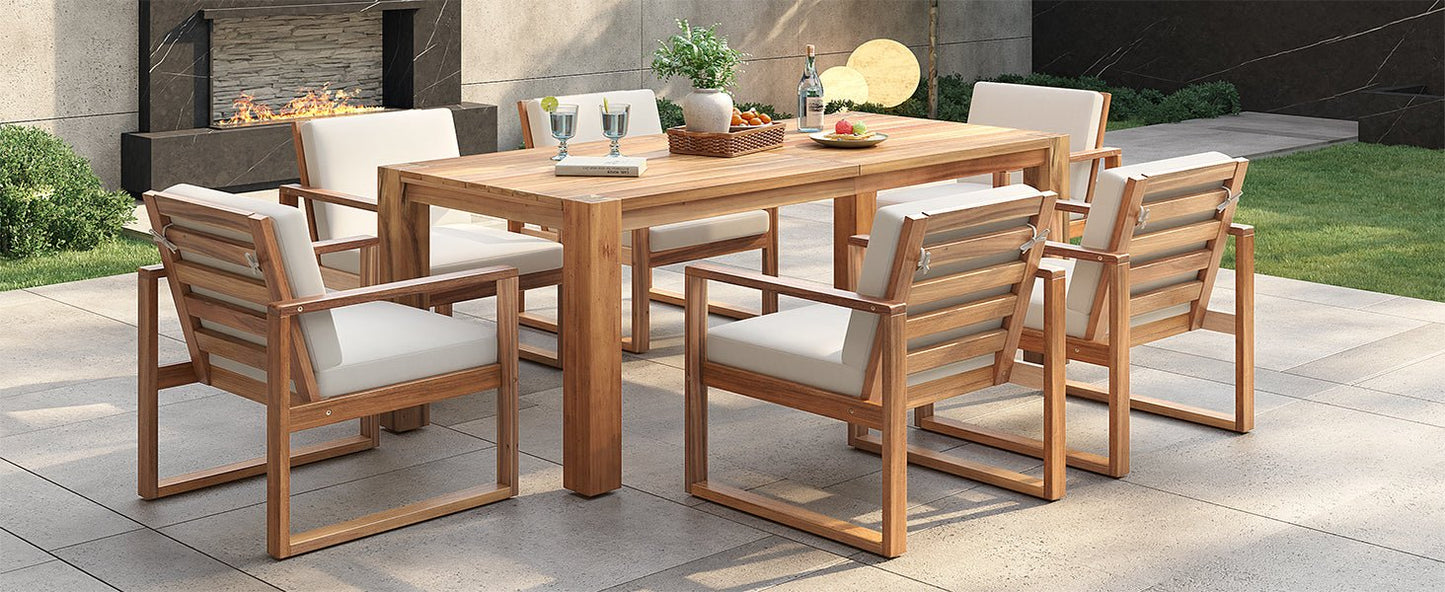 TREXM Patio Table and Chairs Set, Outdoor Dining Set for 6 with Umbrella Hole, 7 Piece Outdoor Patio Furniture Set Wood Frame with Removable Cushion for Garden, Backyard, Lawn, and Poolside - 1st Choice Furniture Direct