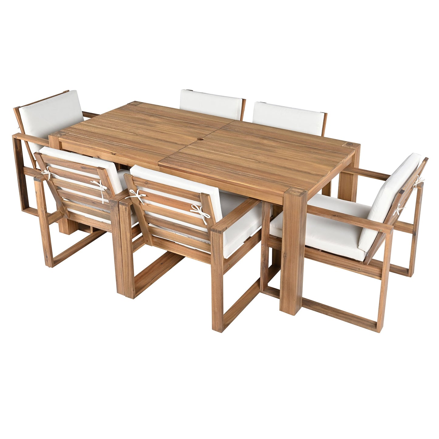 TREXM Patio Table and Chairs Set, Outdoor Dining Set for 6 with Umbrella Hole, 7 Piece Outdoor Patio Furniture Set Wood Frame with Removable Cushion for Garden, Backyard, Lawn, and Poolside - 1st Choice Furniture Direct