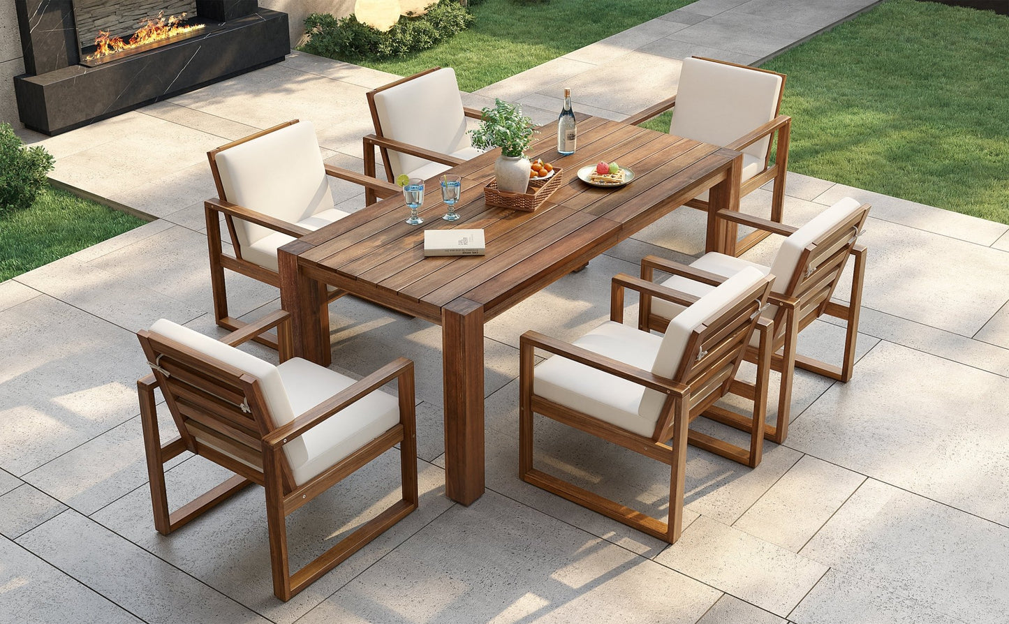 TREXM Patio Table and Chairs Set, Outdoor Dining Set for 6 with Umbrella Hole, 7 Piece Outdoor Patio Furniture Set Wood Frame with Removable Cushion for Garden, Backyard, Lawn, and Poolside - 1st Choice Furniture Direct
