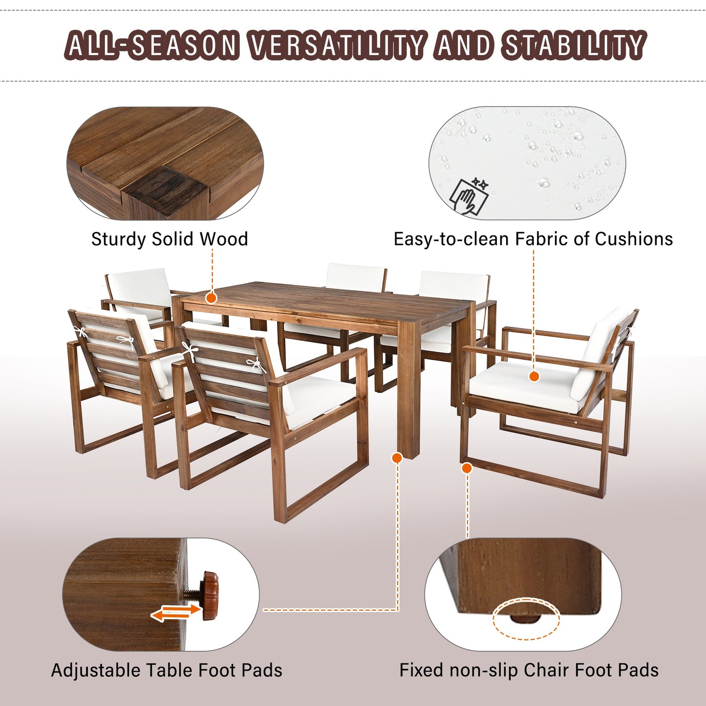 TREXM Patio Table and Chairs Set, Outdoor Dining Set for 6 with Umbrella Hole, 7 Piece Outdoor Patio Furniture Set Wood Frame with Removable Cushion for Garden, Backyard, Lawn, and Poolside - 1st Choice Furniture Direct