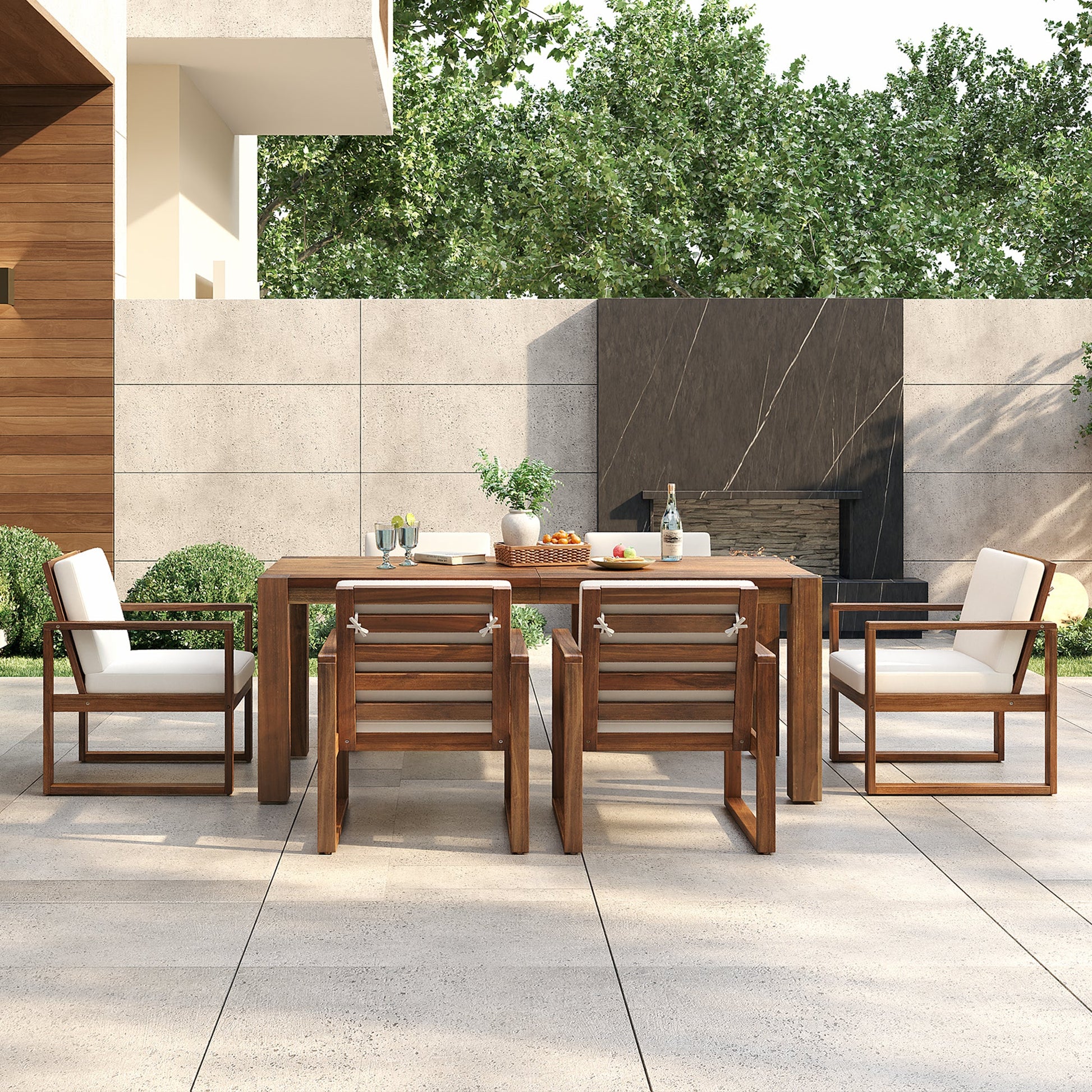 TREXM Patio Table and Chairs Set, Outdoor Dining Set for 6 with Umbrella Hole, 7 Piece Outdoor Patio Furniture Set Wood Frame with Removable Cushion for Garden, Backyard, Lawn, and Poolside - 1st Choice Furniture Direct
