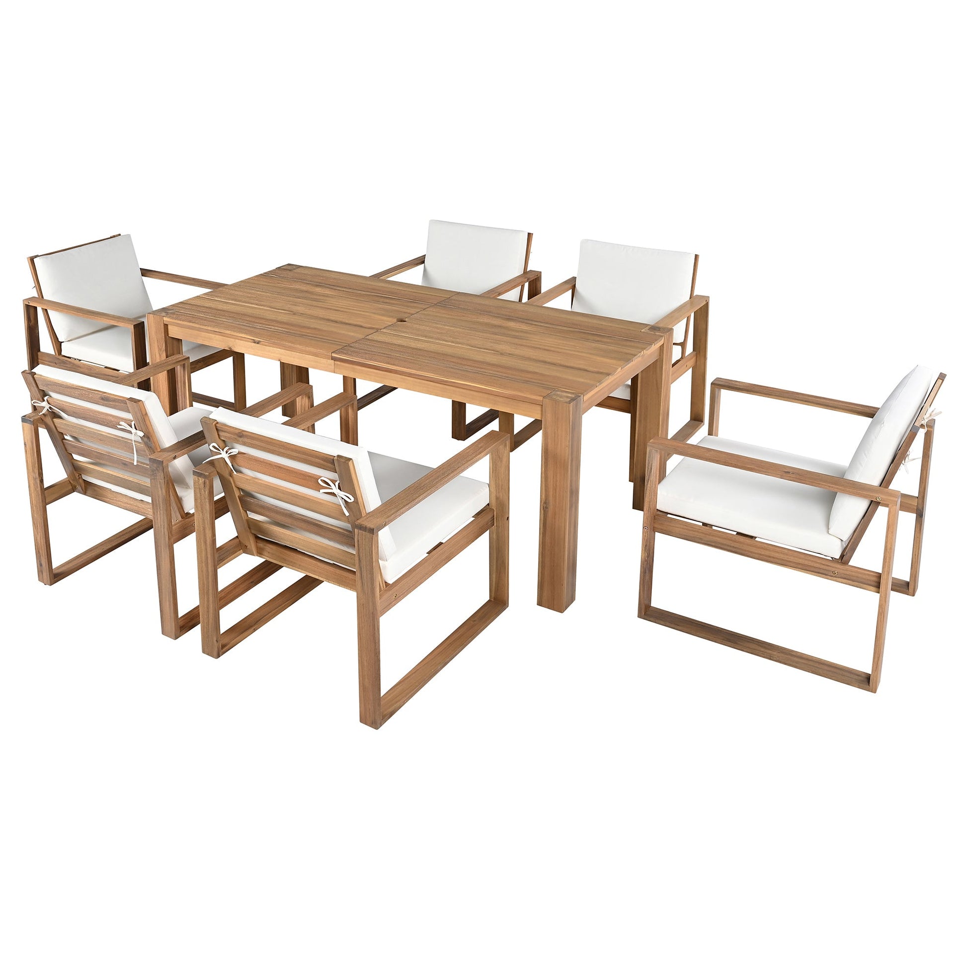 TREXM Patio Table and Chairs Set, Outdoor Dining Set for 6 with Umbrella Hole, 7 Piece Outdoor Patio Furniture Set Wood Frame with Removable Cushion for Garden, Backyard, Lawn, and Poolside - 1st Choice Furniture Direct