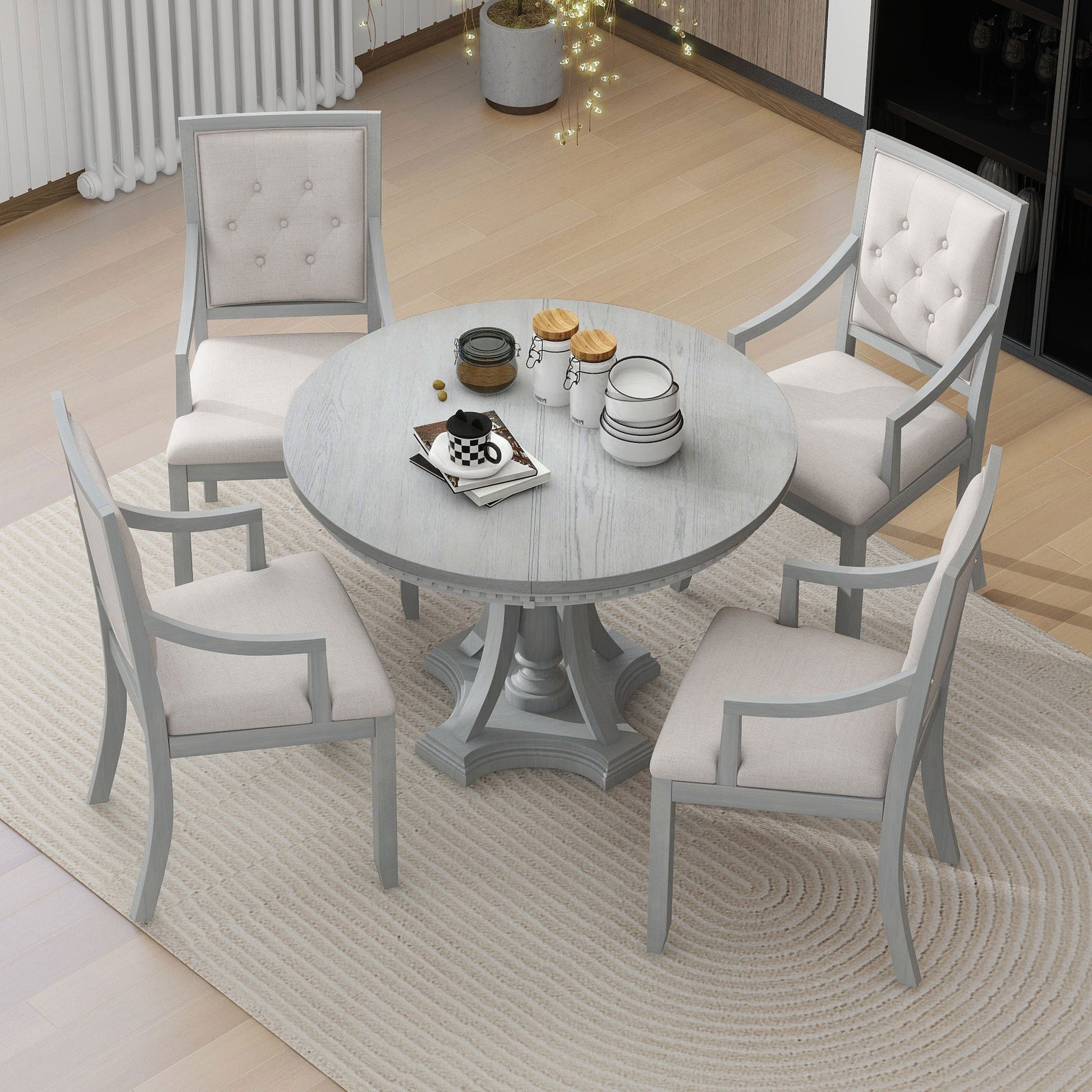 TREXM Retro 5 - piece Dining Set Extendable Round Table and 4 Chairs for Kitchen Dining Room(ANTIQUE GRAY OAK) - 1st Choice Furniture Direct