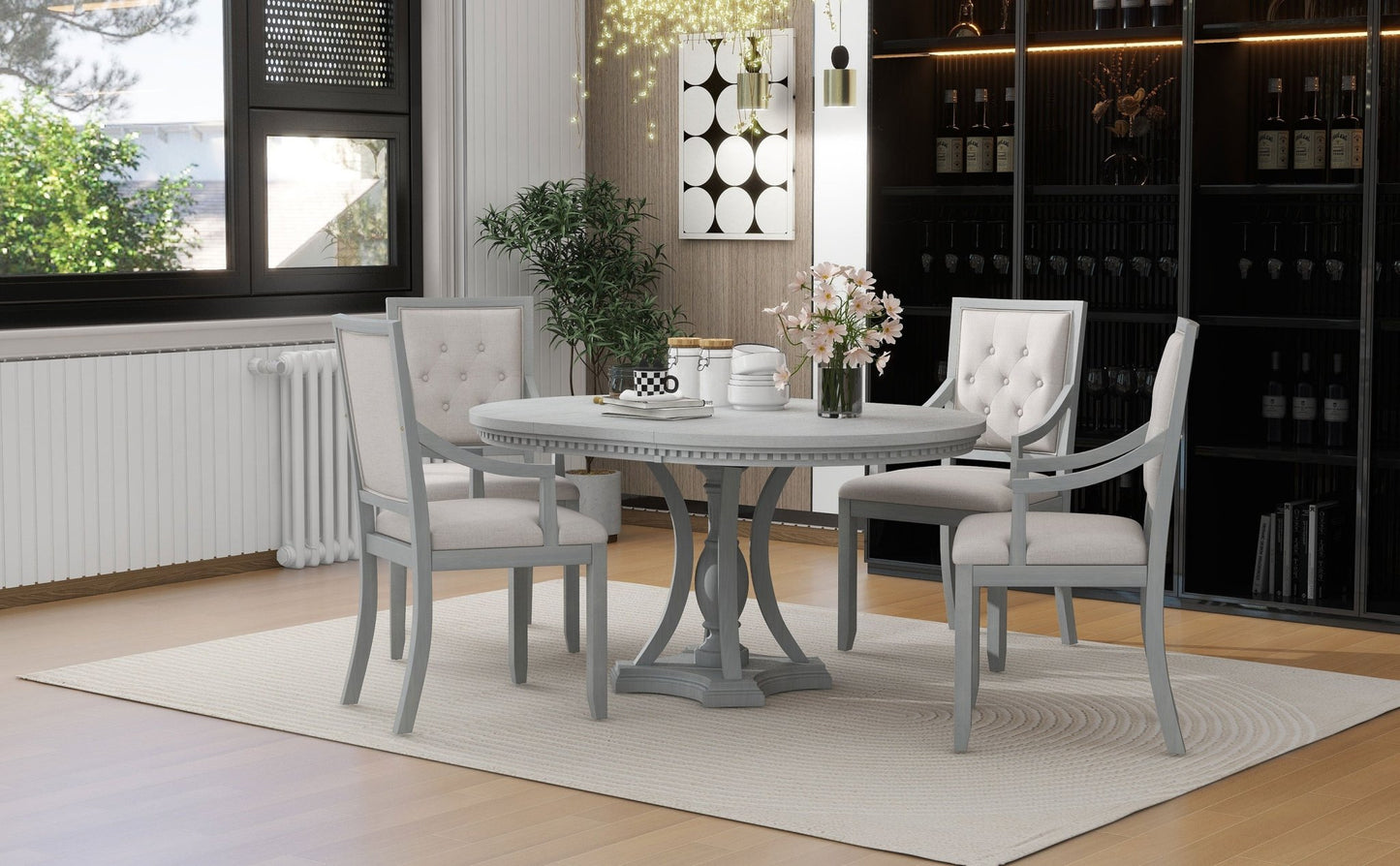 TREXM Retro 5 - piece Dining Set Extendable Round Table and 4 Chairs for Kitchen Dining Room(ANTIQUE GRAY OAK) - 1st Choice Furniture Direct