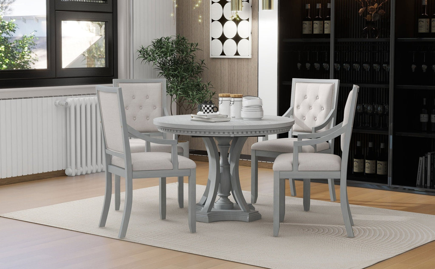 TREXM Retro 5 - piece Dining Set Extendable Round Table and 4 Chairs for Kitchen Dining Room(ANTIQUE GRAY OAK) - 1st Choice Furniture Direct