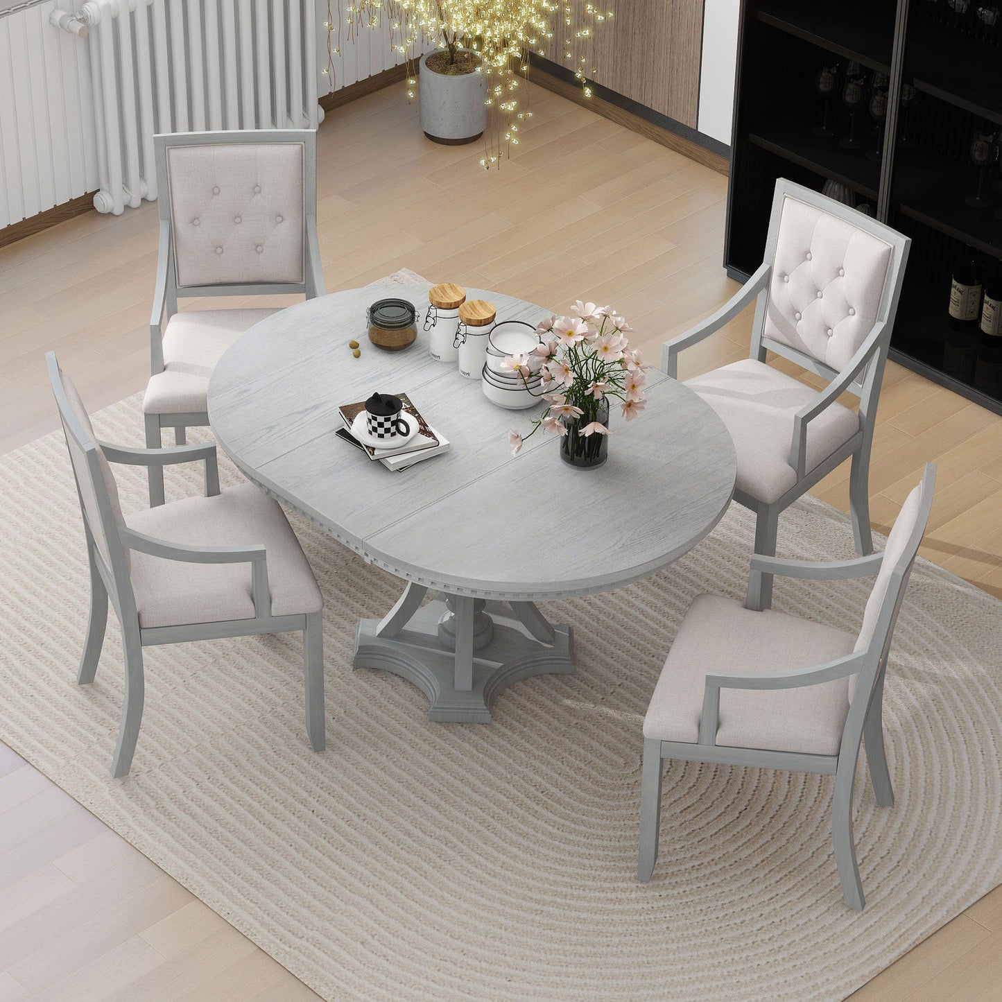 TREXM Retro 5 - piece Dining Set Extendable Round Table and 4 Chairs for Kitchen Dining Room(ANTIQUE GRAY OAK) - 1st Choice Furniture Direct