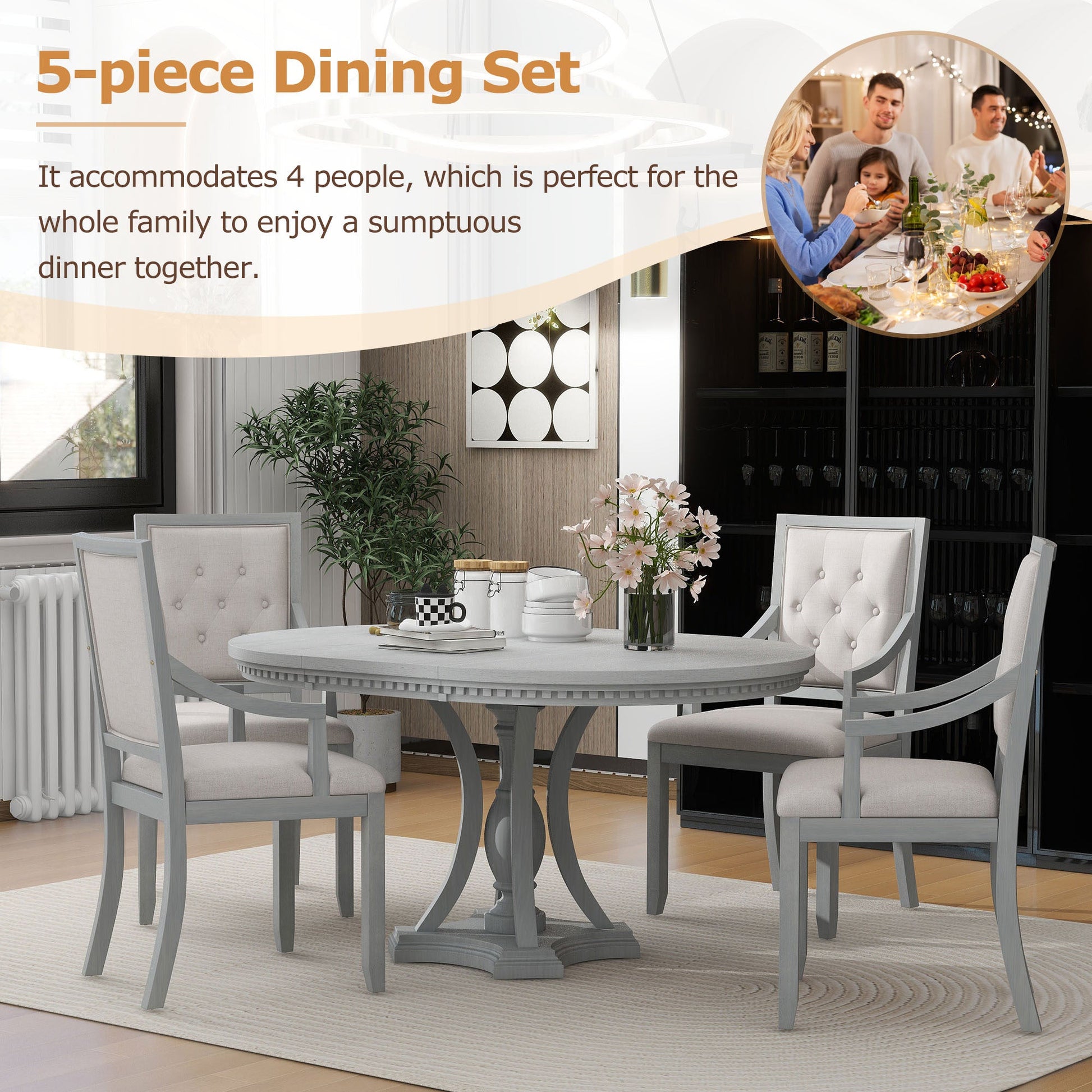 TREXM Retro 5 - piece Dining Set Extendable Round Table and 4 Chairs for Kitchen Dining Room(ANTIQUE GRAY OAK) - 1st Choice Furniture Direct