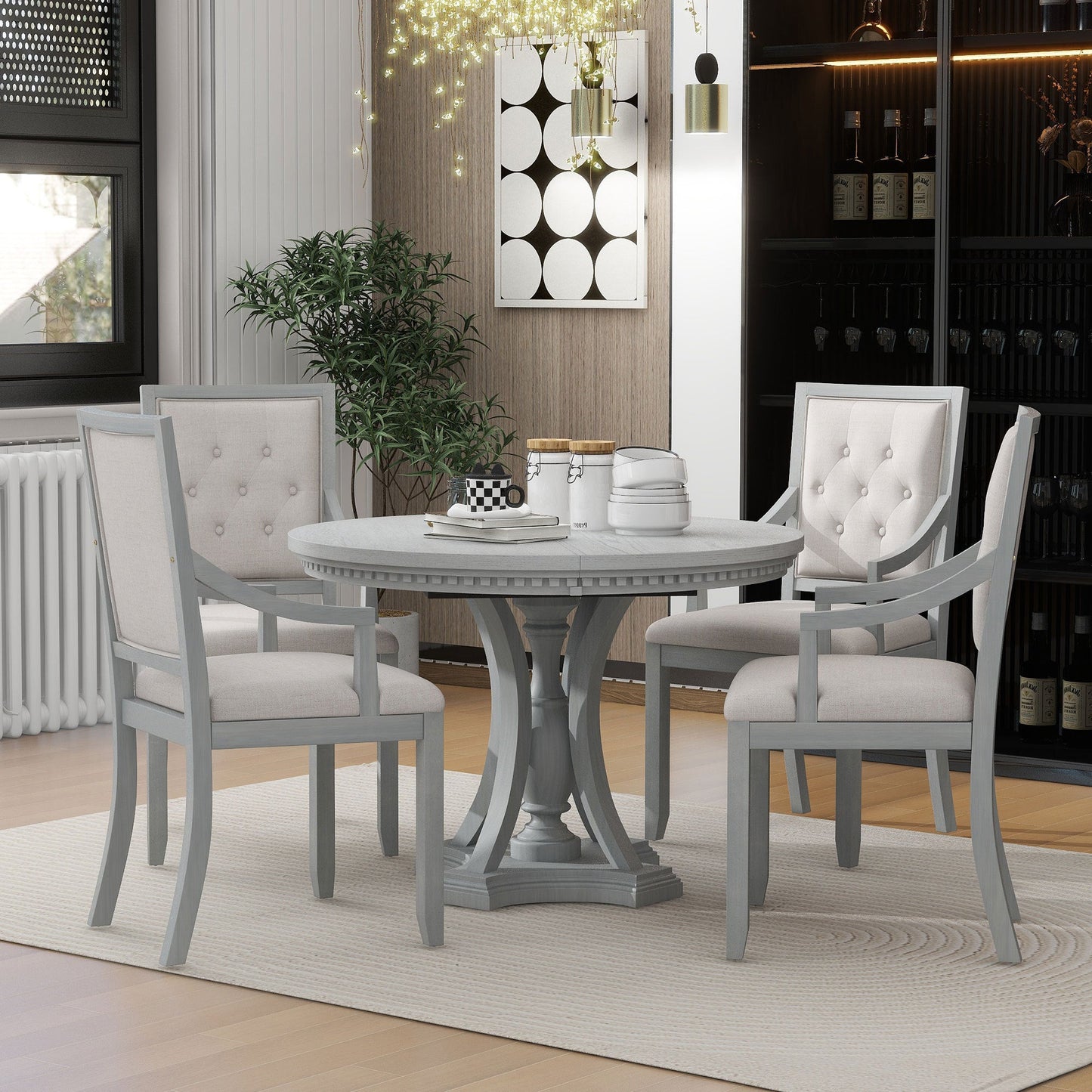 TREXM Retro 5 - piece Dining Set Extendable Round Table and 4 Chairs for Kitchen Dining Room(ANTIQUE GRAY OAK) - 1st Choice Furniture Direct