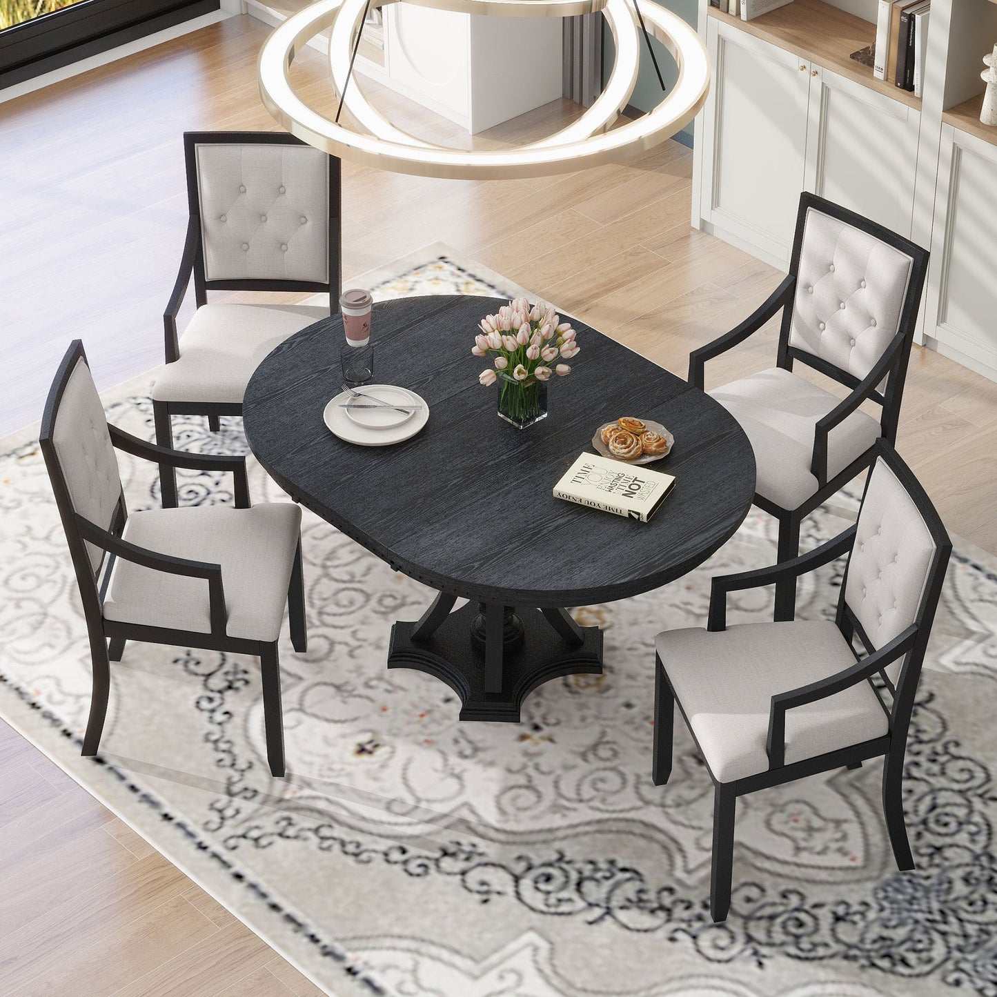 TREXM Retro 5 - piece Dining Set Extendable Round Table and 4 Chairs for Kitchen Dining Room(BLACK OAK) - 1st Choice Furniture Direct