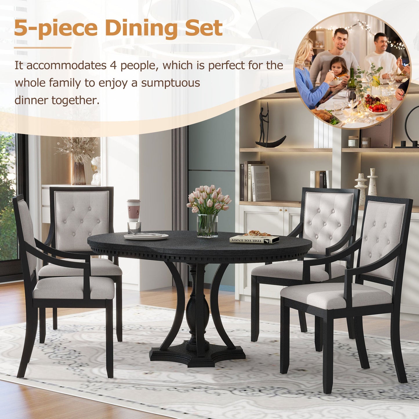 TREXM Retro 5 - piece Dining Set Extendable Round Table and 4 Chairs for Kitchen Dining Room(BLACK OAK) - 1st Choice Furniture Direct