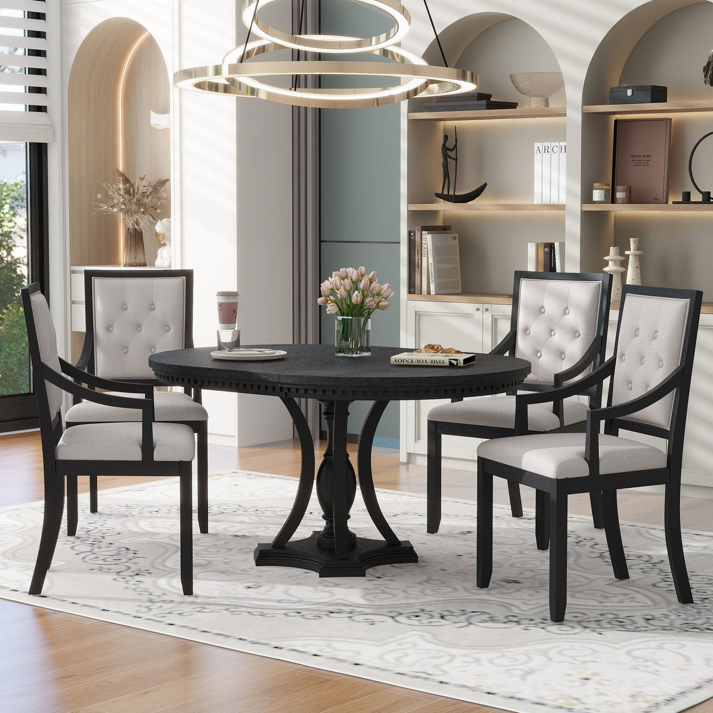 TREXM Retro 5 - piece Dining Set Extendable Round Table and 4 Chairs for Kitchen Dining Room(BLACK OAK) - 1st Choice Furniture Direct