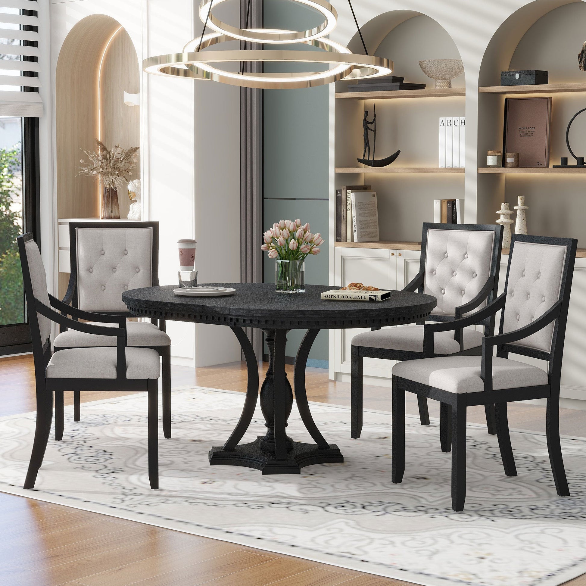 TREXM Retro 5 - piece Dining Set Extendable Round Table and 4 Chairs for Kitchen Dining Room(BLACK OAK) - 1st Choice Furniture Direct