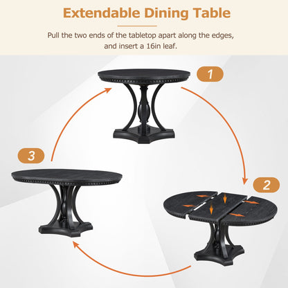 TREXM Retro 5 - piece Dining Set Extendable Round Table and 4 Chairs for Kitchen Dining Room(BLACK OAK) - 1st Choice Furniture Direct