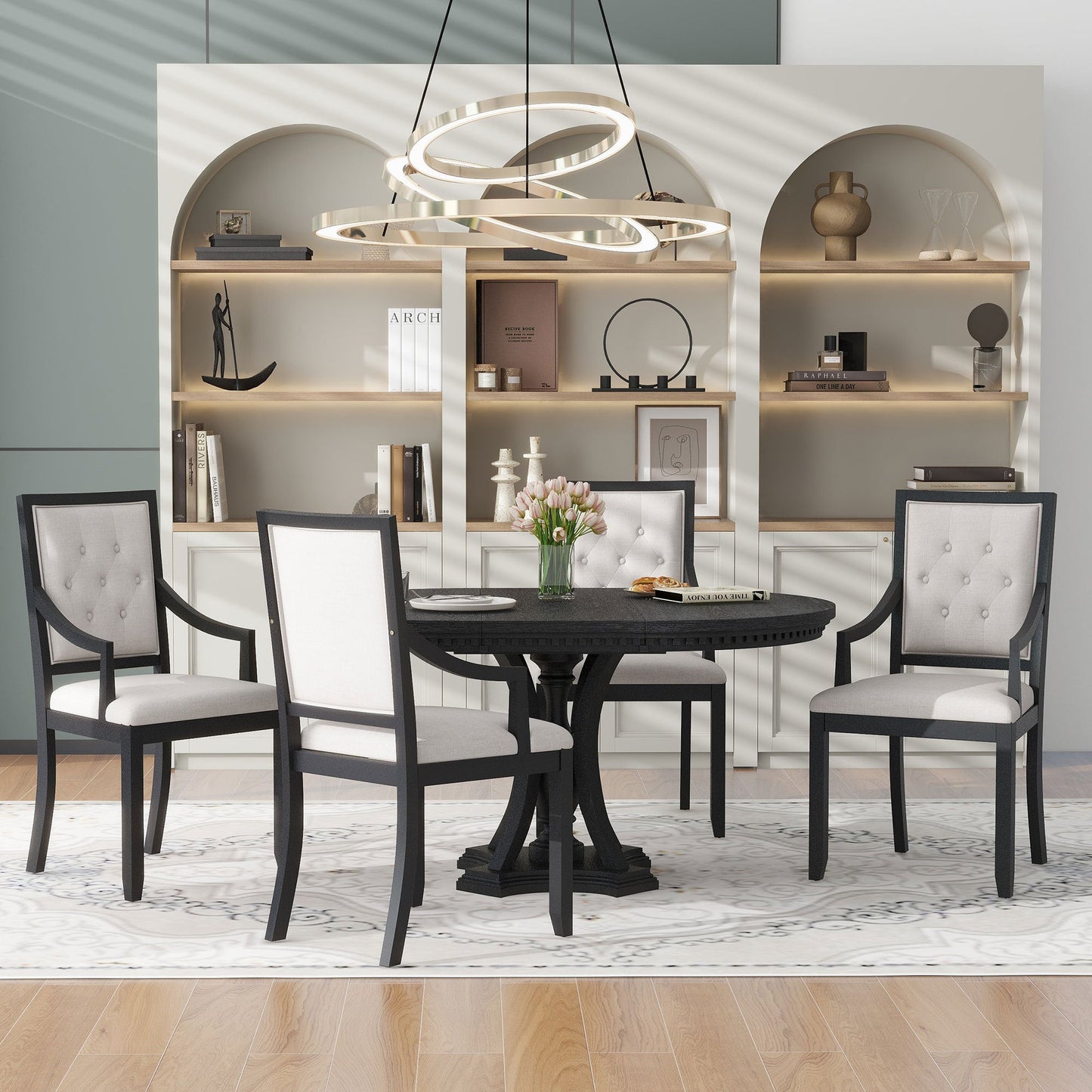 TREXM Retro 5 - piece Dining Set Extendable Round Table and 4 Chairs for Kitchen Dining Room(BLACK OAK) - 1st Choice Furniture Direct