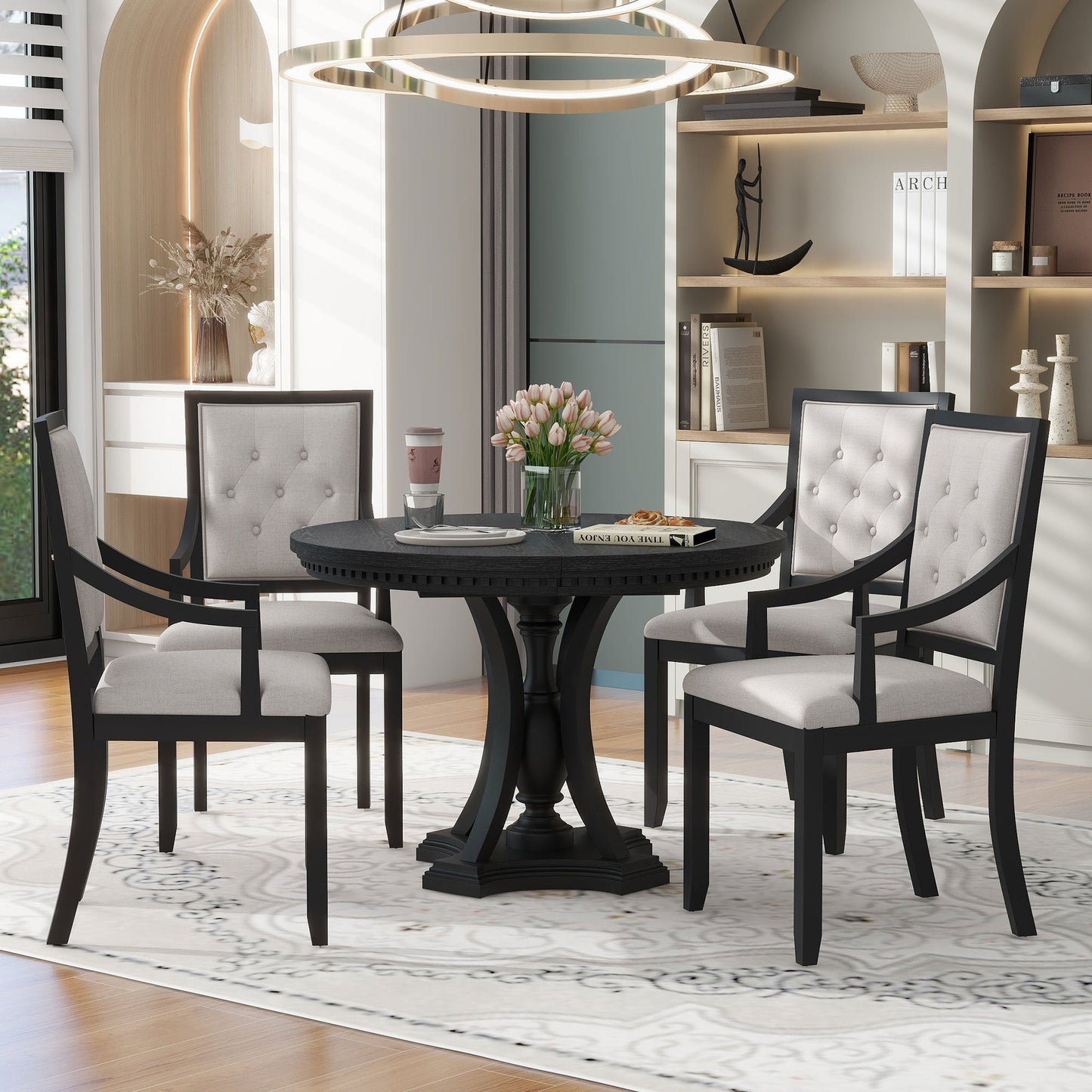 TREXM Retro 5 - piece Dining Set Extendable Round Table and 4 Chairs for Kitchen Dining Room(BLACK OAK) - 1st Choice Furniture Direct