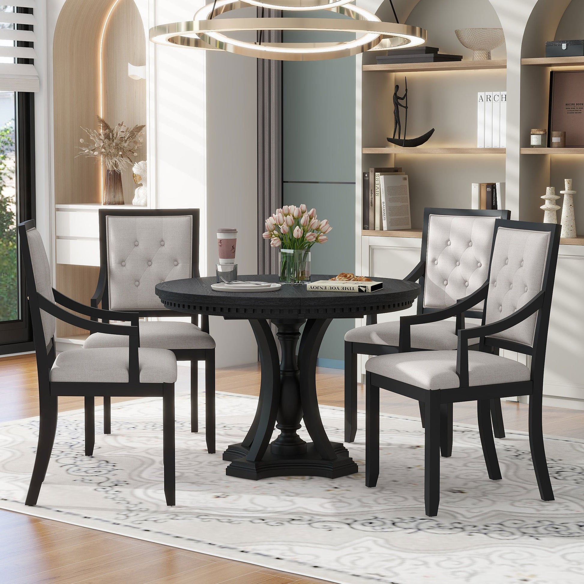 TREXM Retro 5 - piece Dining Set Extendable Round Table and 4 Chairs for Kitchen Dining Room(BLACK OAK) - 1st Choice Furniture Direct