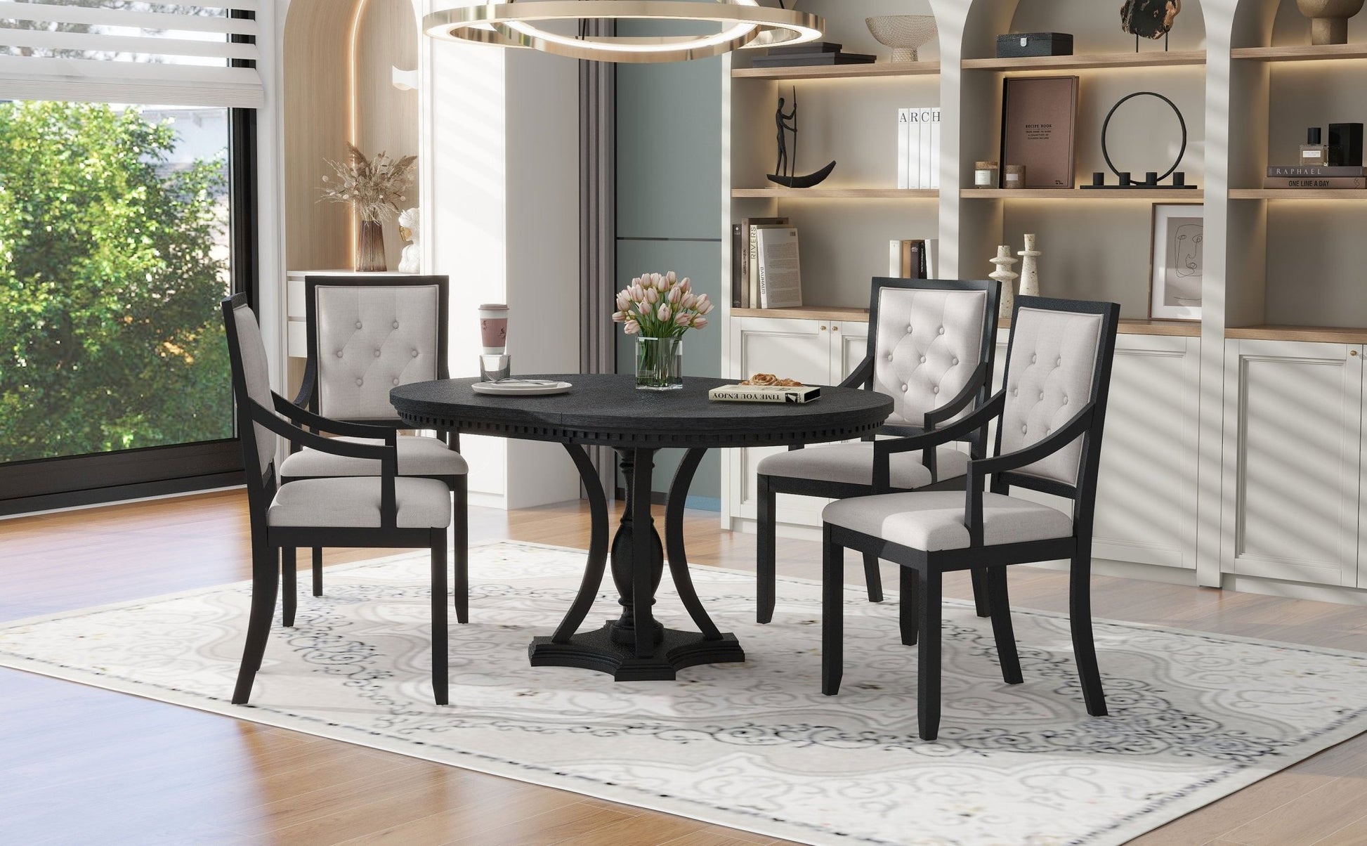 TREXM Retro 5 - piece Dining Set Extendable Round Table and 4 Chairs for Kitchen Dining Room(BLACK OAK) - 1st Choice Furniture Direct