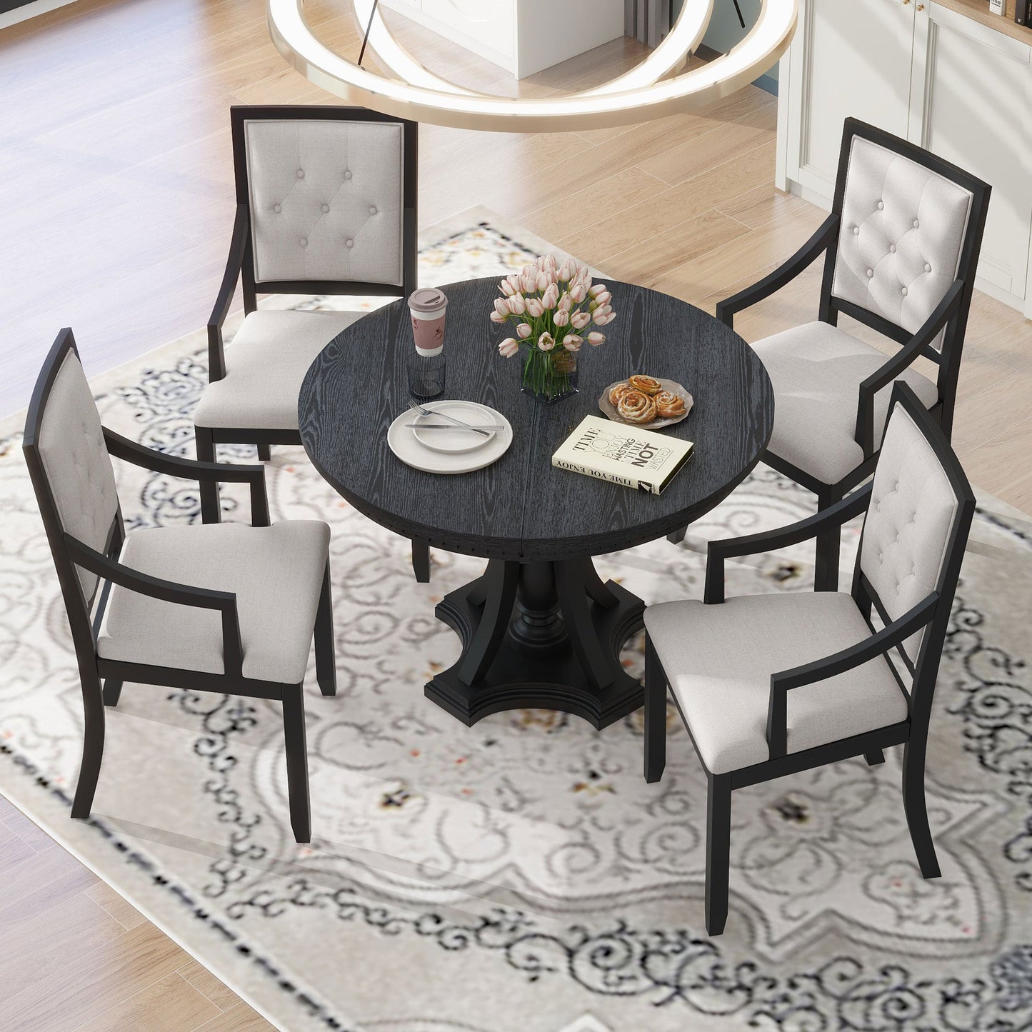 TREXM Retro 5 - piece Dining Set Extendable Round Table and 4 Chairs for Kitchen Dining Room(BLACK OAK) - 1st Choice Furniture Direct