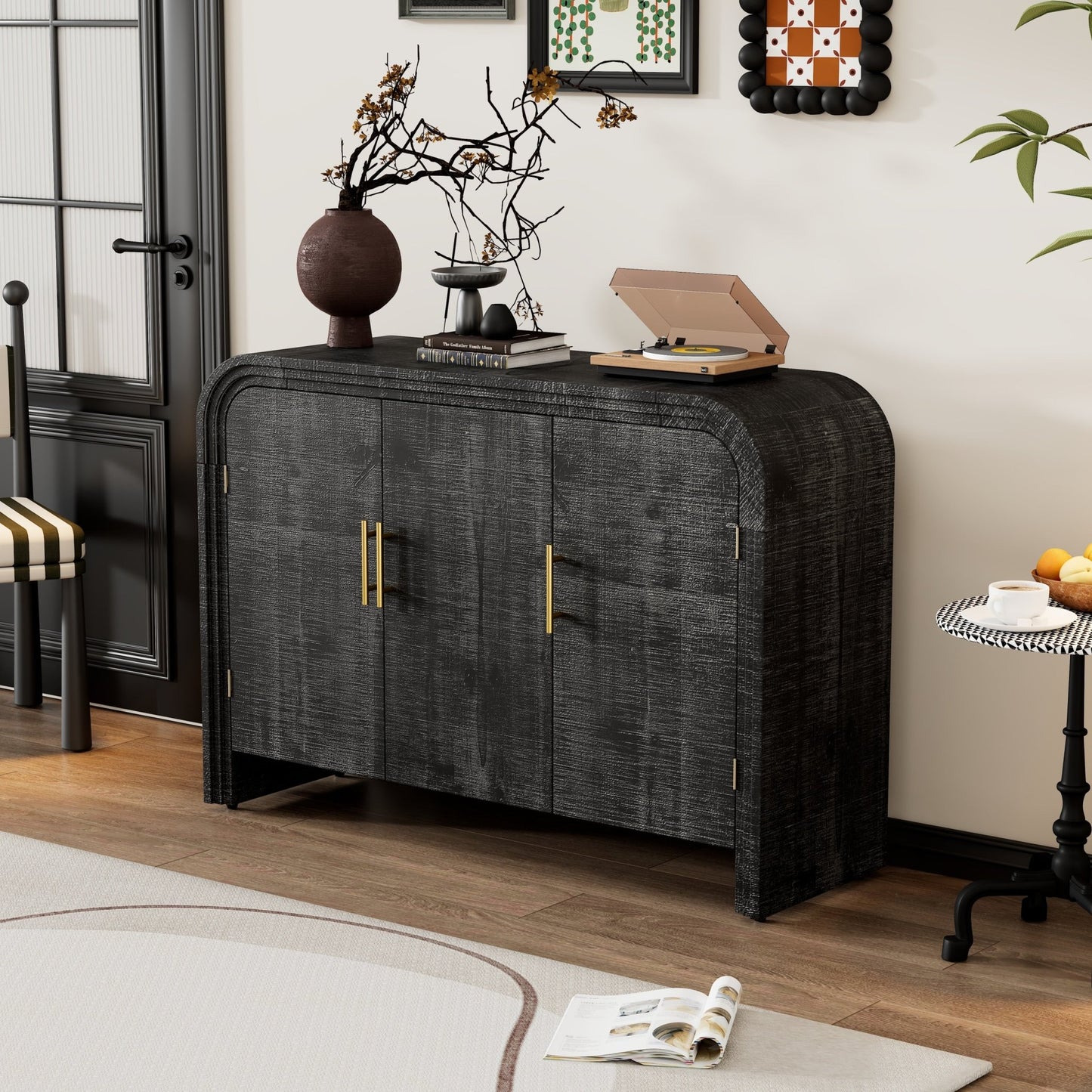 TREXM Retro Minimalist Curved Sideboard with Gold Handles and Adjustable Dividers for Living Room or Dining Room (Antique Black) - 1st Choice Furniture Direct