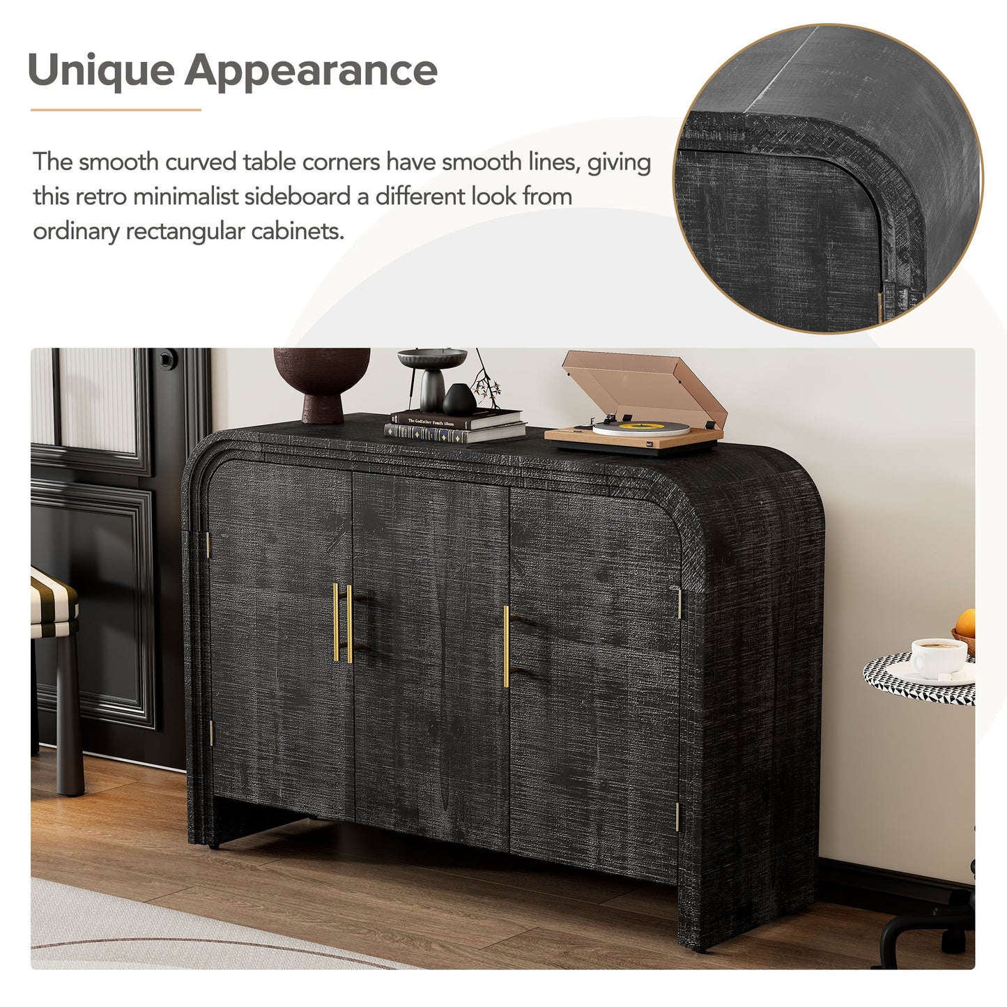 TREXM Retro Minimalist Curved Sideboard with Gold Handles and Adjustable Dividers for Living Room or Dining Room (Antique Black) - 1st Choice Furniture Direct