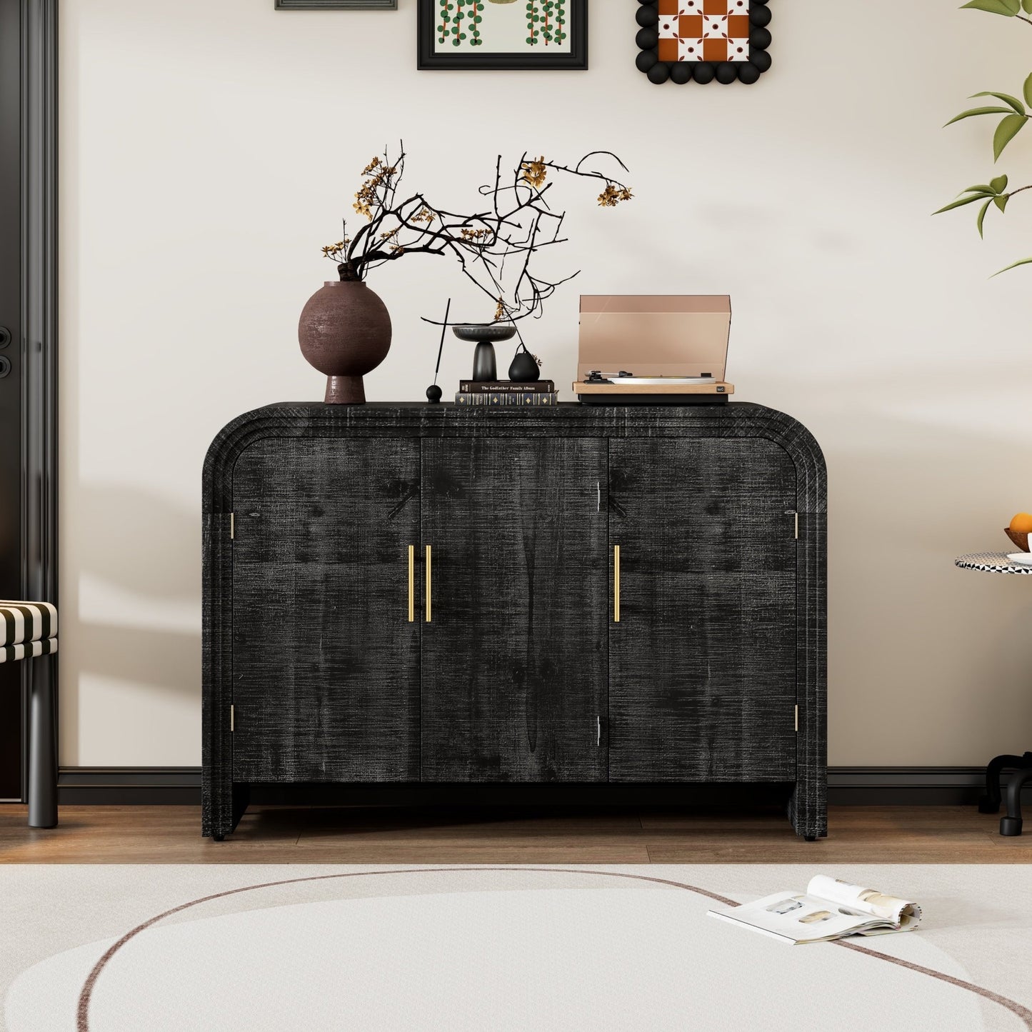 TREXM Retro Minimalist Curved Sideboard with Gold Handles and Adjustable Dividers for Living Room or Dining Room (Antique Black) - 1st Choice Furniture Direct