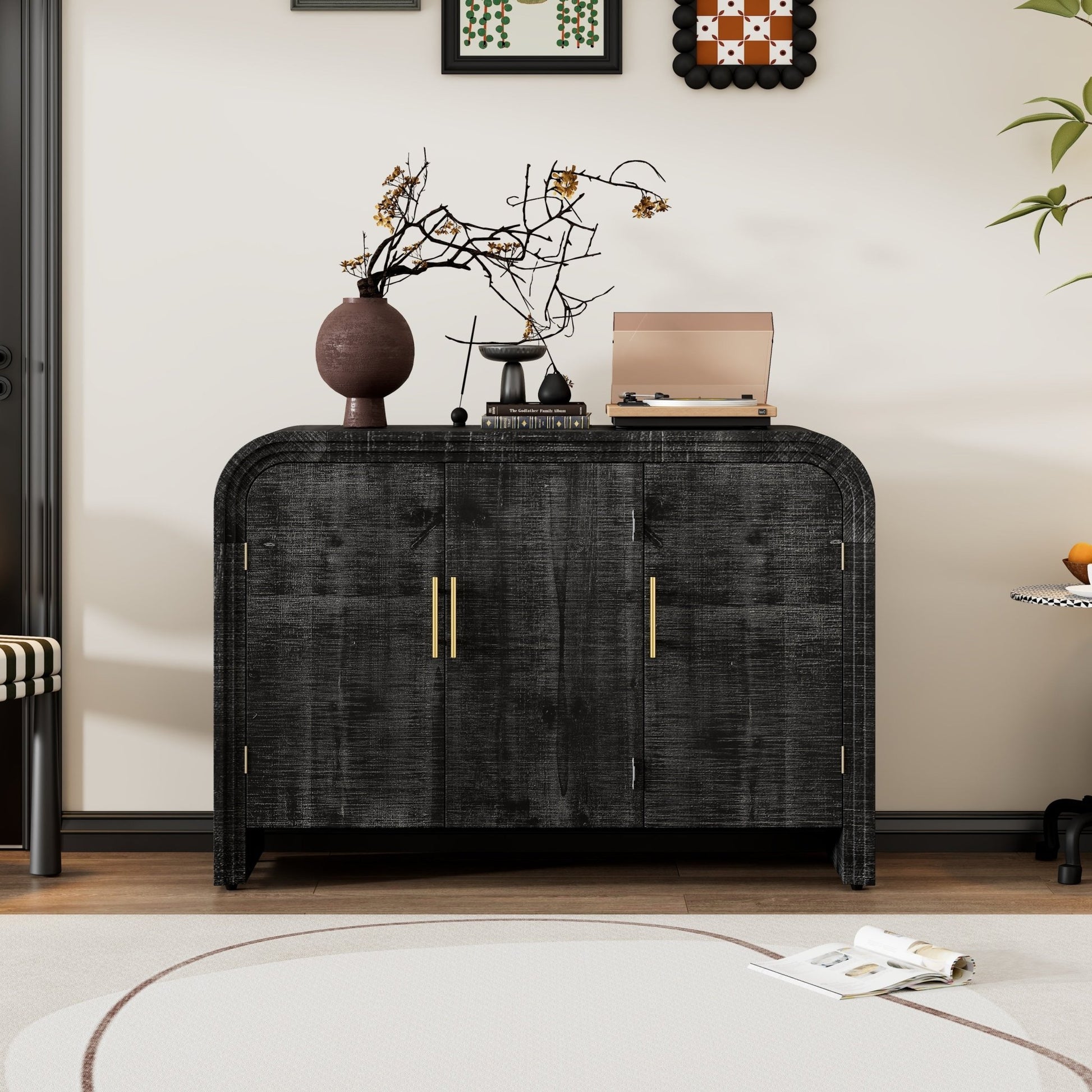TREXM Retro Minimalist Curved Sideboard with Gold Handles and Adjustable Dividers for Living Room or Dining Room (Antique Black) - 1st Choice Furniture Direct
