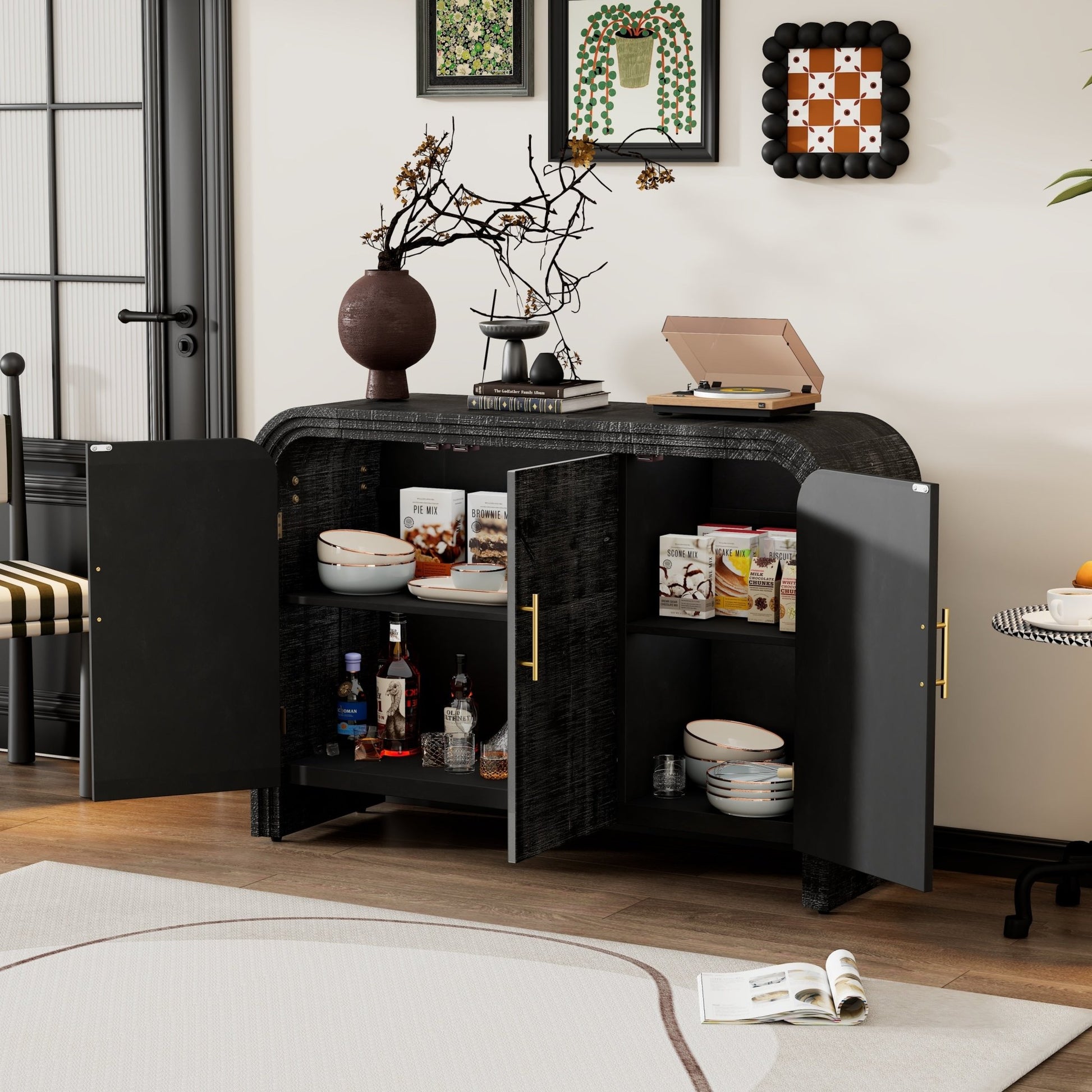 TREXM Retro Minimalist Curved Sideboard with Gold Handles and Adjustable Dividers for Living Room or Dining Room (Antique Black) - 1st Choice Furniture Direct