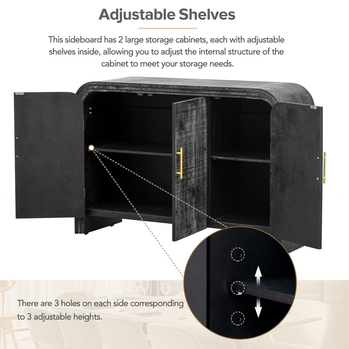 TREXM Retro Minimalist Curved Sideboard with Gold Handles and Adjustable Dividers for Living Room or Dining Room (Antique Black) - 1st Choice Furniture Direct