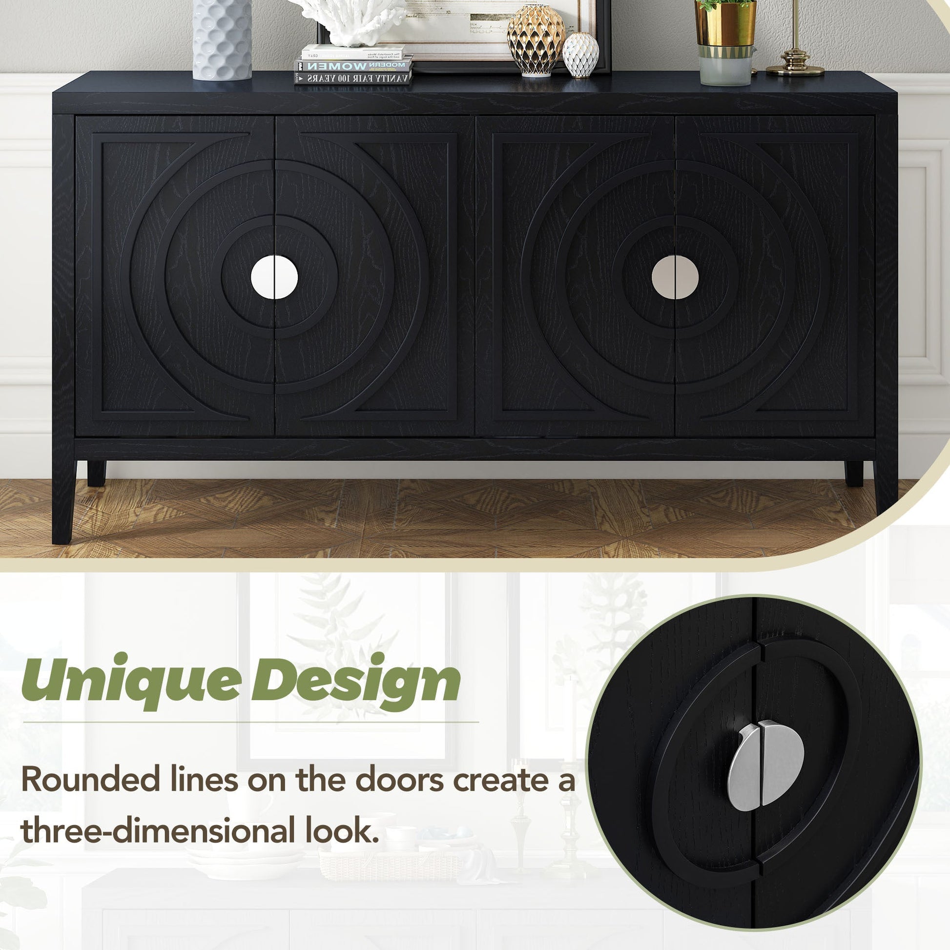 TREXM Retro Sideboard door with Circular Groove Design Round Metal Door Handle for Entrance, Dinning Room, Living Room (Black) - 1st Choice Furniture Direct