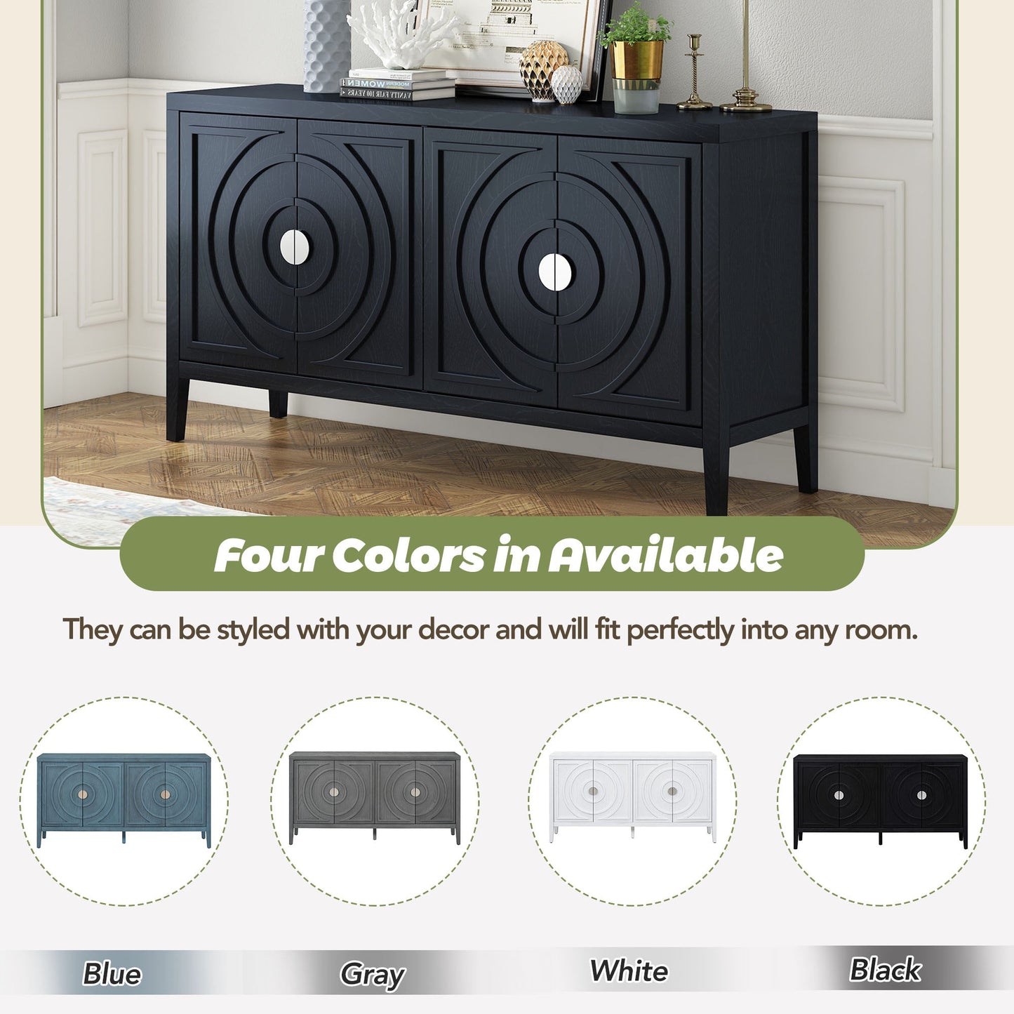 TREXM Retro Sideboard door with Circular Groove Design Round Metal Door Handle for Entrance, Dinning Room, Living Room (Black) - 1st Choice Furniture Direct