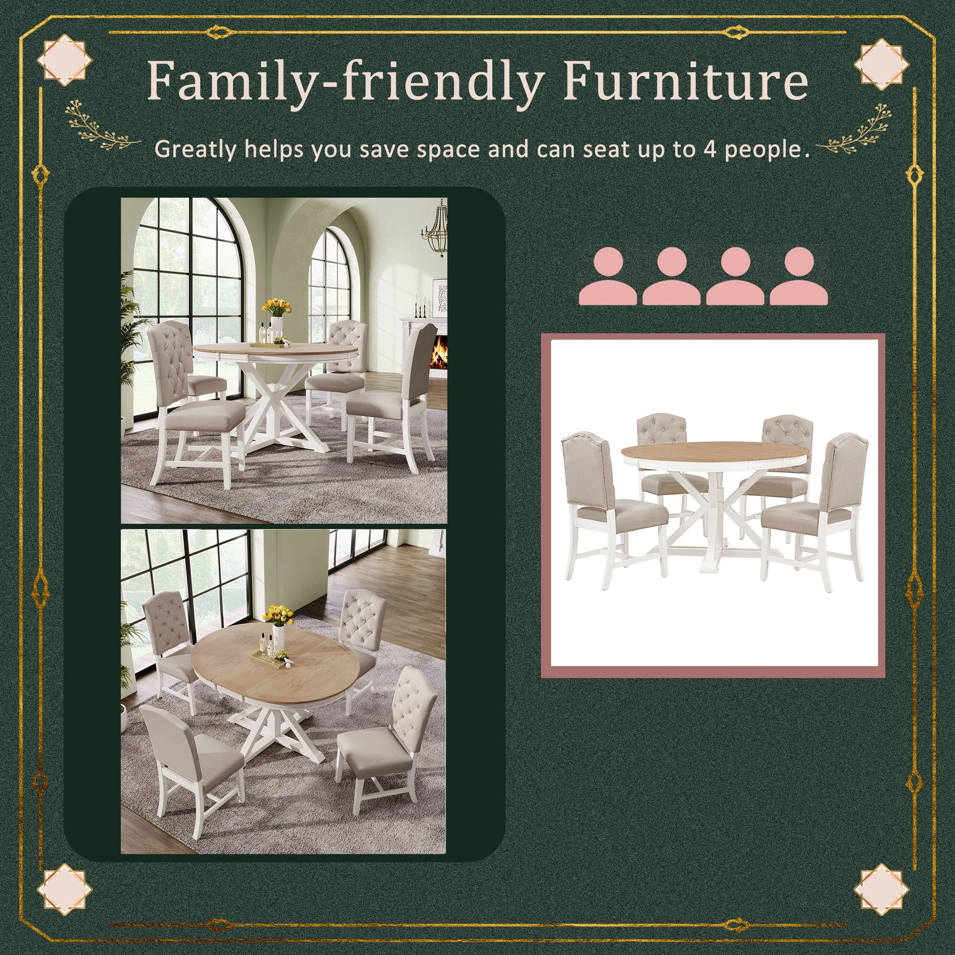 TREXM Retro Style Dining Chair Set with 4 Upholstered Chairs for Dining Room and Living Room (Oak Natural Wood + Off White) - 1st Choice Furniture Direct