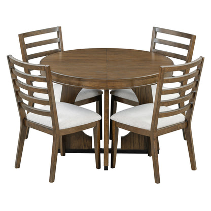 TREXM Round Dining Table for 4 with Chairs Set, Extendable Dining Table Set with 16' Removable Middle Leaf, 5 Piece Retro Dining Table Set Unique Geometric Design for Kitchen, Dining Room (Walnut) - 1st Choice Furniture Direct