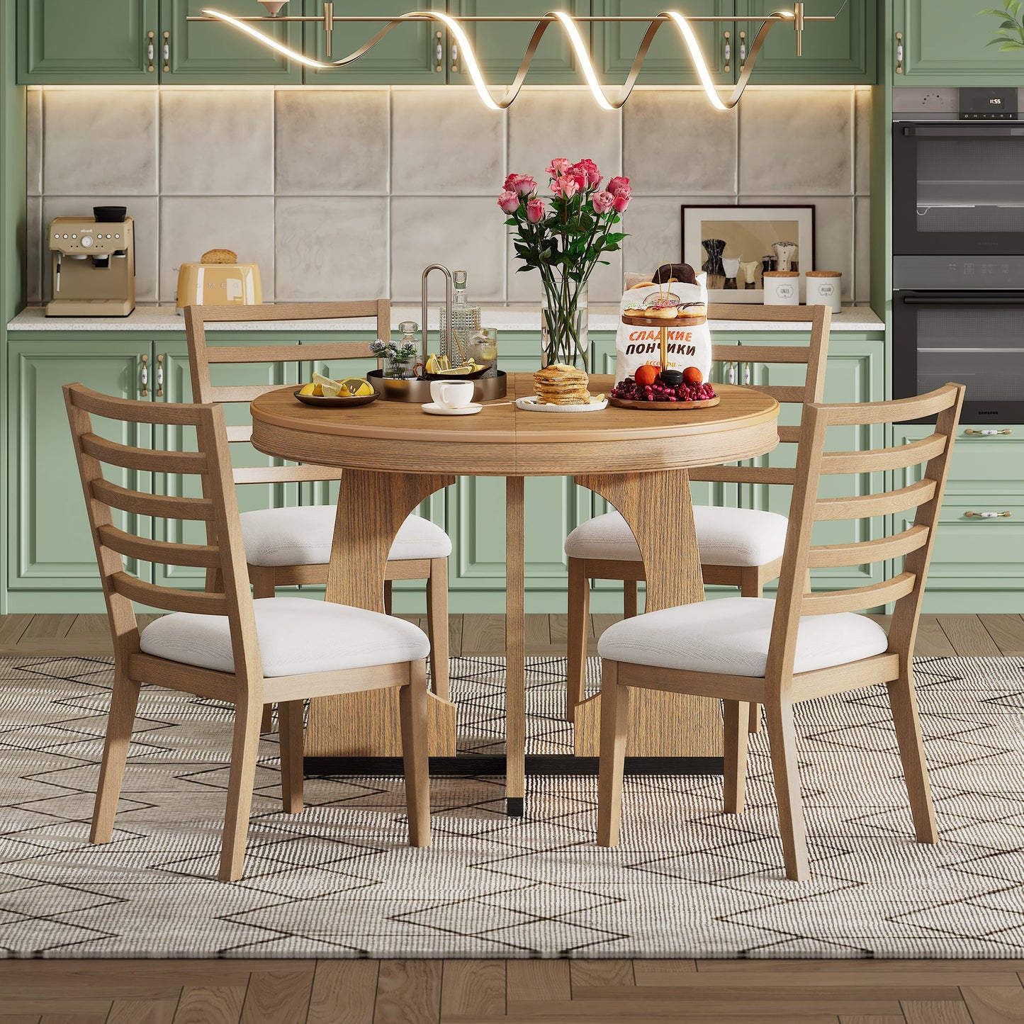 TREXM Round Dining Table for 4 with Chairs Set, Extendable Dining Table Set with 16' Removable Middle Leaf, 5 Piece Retro Dining Table Set Unique Geometric Design for Kitchen, Dining Room (Natural) - 1st Choice Furniture Direct