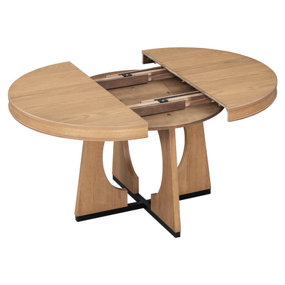 TREXM Round Dining Table for 4 with Chairs Set, Extendable Dining Table Set with 16' Removable Middle Leaf, 5 Piece Retro Dining Table Set Unique Geometric Design for Kitchen, Dining Room (Natural) - 1st Choice Furniture Direct