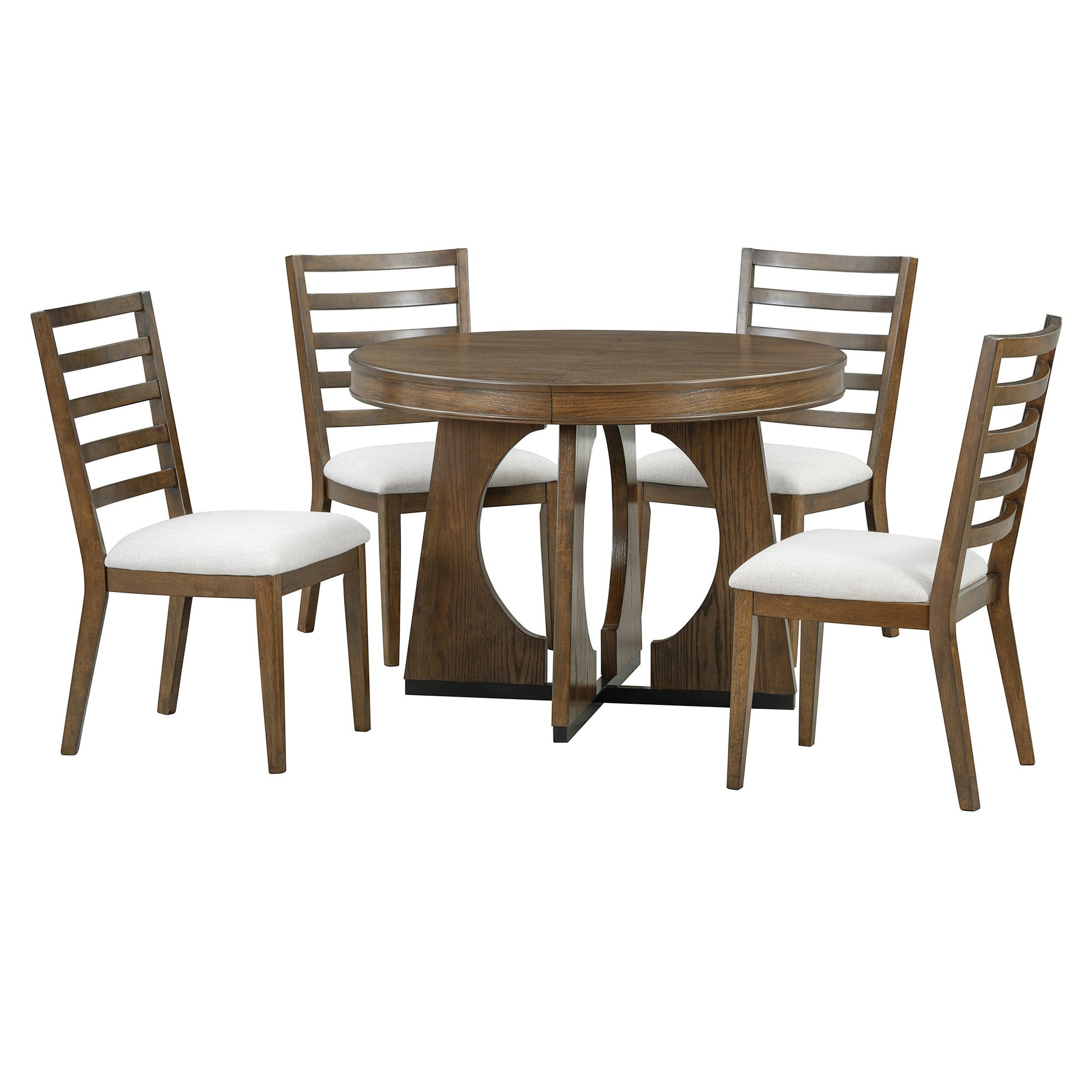 TREXM Round Dining Table for 4 with Chairs Set, Extendable Dining Table Set with 16' Removable Middle Leaf, 5 Piece Retro Dining Table Set Unique Geometric Design for Kitchen, Dining Room (Walnut) - 1st Choice Furniture Direct