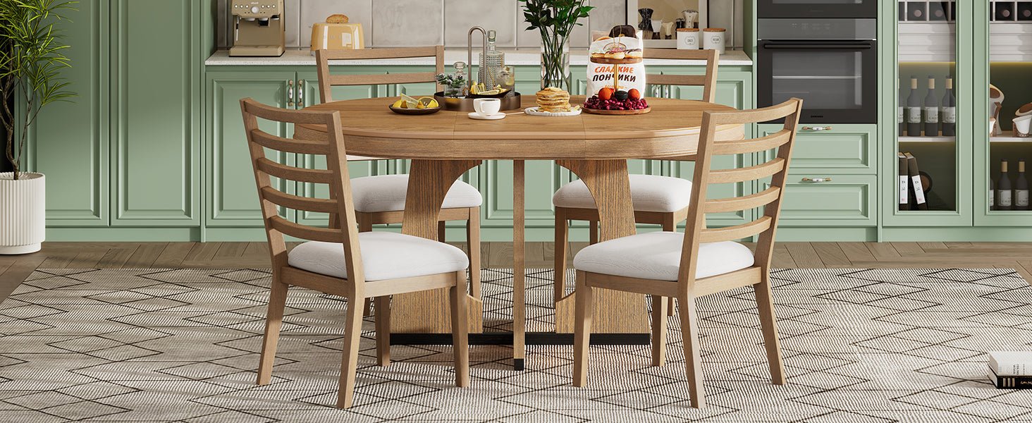 TREXM Round Dining Table for 4 with Chairs Set, Extendable Dining Table Set with 16' Removable Middle Leaf, 5 Piece Retro Dining Table Set Unique Geometric Design for Kitchen, Dining Room (Natural) - 1st Choice Furniture Direct
