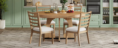 TREXM Round Dining Table for 4 with Chairs Set, Extendable Dining Table Set with 16' Removable Middle Leaf, 5 Piece Retro Dining Table Set Unique Geometric Design for Kitchen, Dining Room (Natural) - 1st Choice Furniture Direct