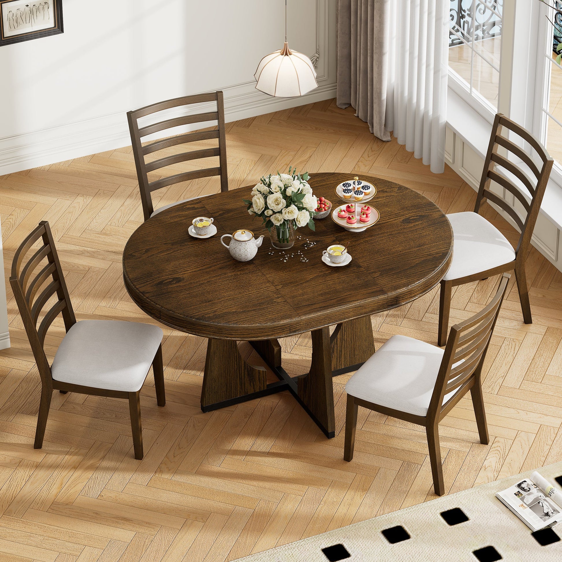 TREXM Round Dining Table for 4 with Chairs Set, Extendable Dining Table Set with 16' Removable Middle Leaf, 5 Piece Retro Dining Table Set Unique Geometric Design for Kitchen, Dining Room (Walnut) - 1st Choice Furniture Direct