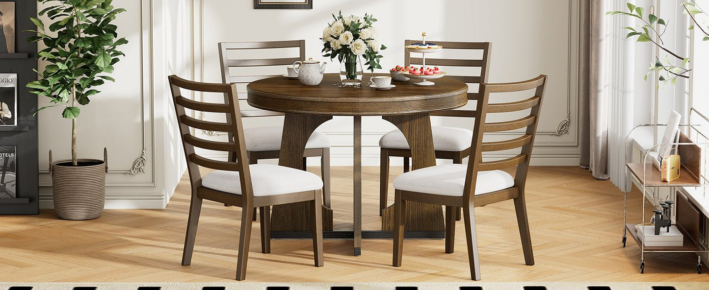 TREXM Round Dining Table for 4 with Chairs Set, Extendable Dining Table Set with 16' Removable Middle Leaf, 5 Piece Retro Dining Table Set Unique Geometric Design for Kitchen, Dining Room (Walnut) - 1st Choice Furniture Direct