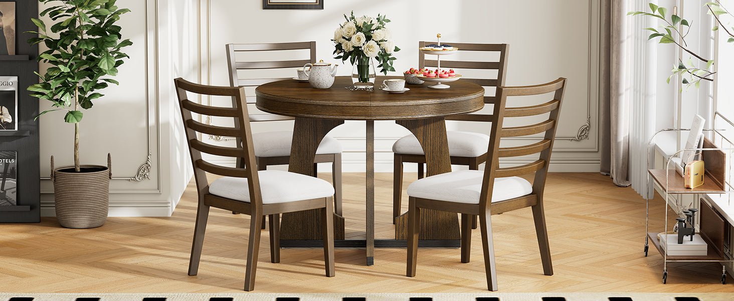 TREXM Round Dining Table for 4 with Chairs Set, Extendable Dining Table Set with 16' Removable Middle Leaf, 5 Piece Retro Dining Table Set Unique Geometric Design for Kitchen, Dining Room (Walnut) - 1st Choice Furniture Direct