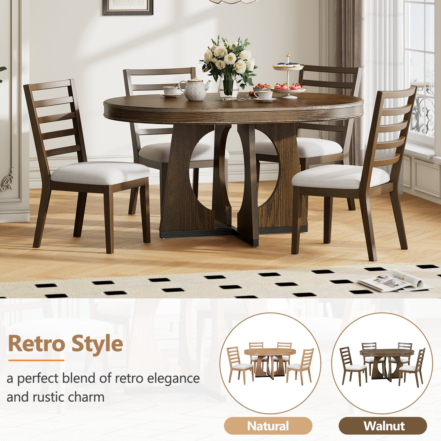 TREXM Round Dining Table for 4 with Chairs Set, Extendable Dining Table Set with 16' Removable Middle Leaf, 5 Piece Retro Dining Table Set Unique Geometric Design for Kitchen, Dining Room (Walnut) - 1st Choice Furniture Direct