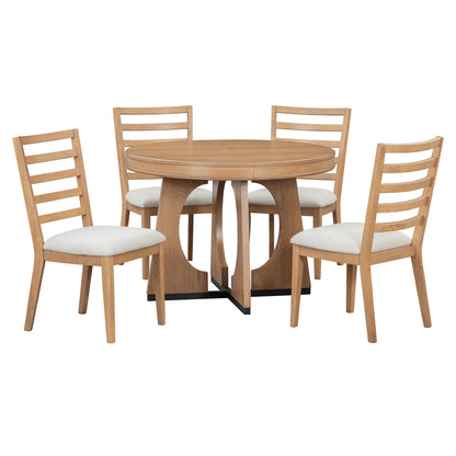 TREXM Round Dining Table for 4 with Chairs Set, Extendable Dining Table Set with 16' Removable Middle Leaf, 5 Piece Retro Dining Table Set Unique Geometric Design for Kitchen, Dining Room (Natural) - 1st Choice Furniture Direct