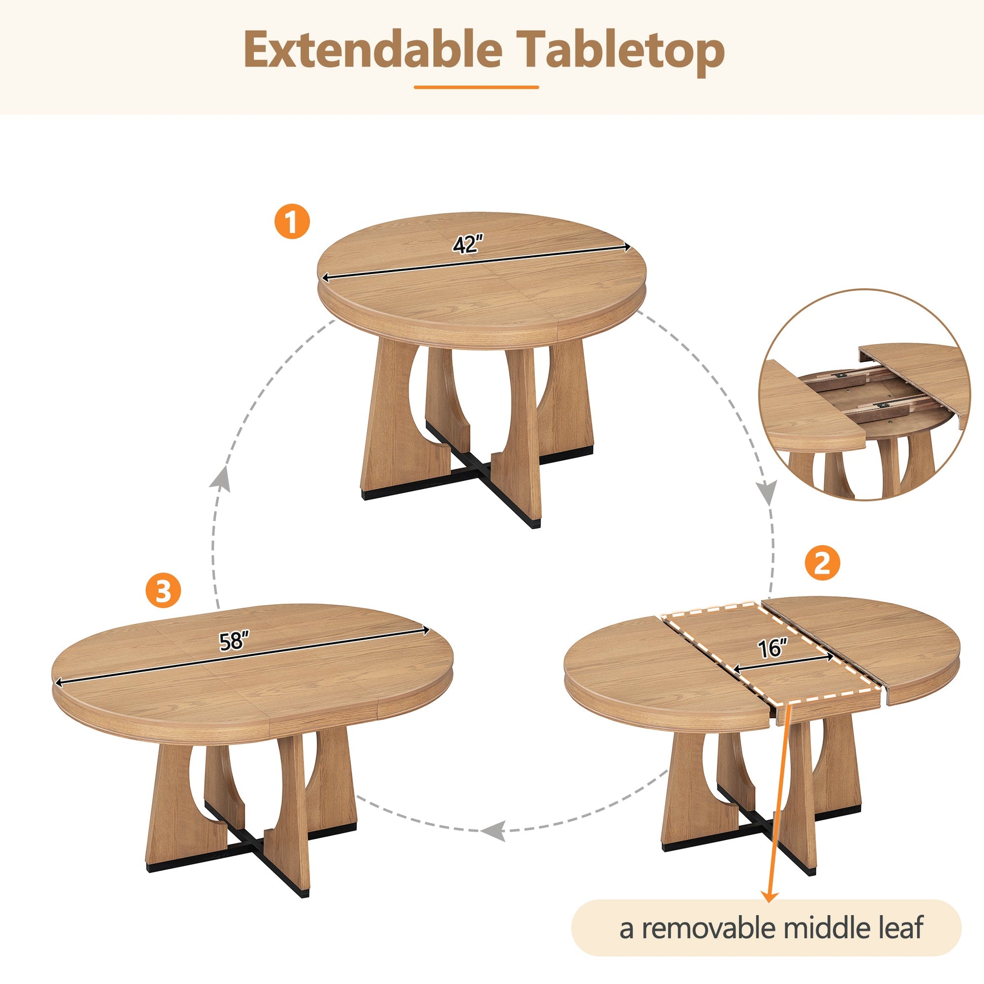 TREXM Round Dining Table for 4 with Chairs Set, Extendable Dining Table Set with 16' Removable Middle Leaf, 5 Piece Retro Dining Table Set Unique Geometric Design for Kitchen, Dining Room (Natural) - 1st Choice Furniture Direct