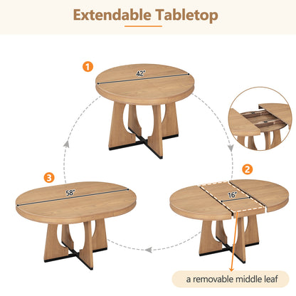 TREXM Round Dining Table for 4 with Chairs Set, Extendable Dining Table Set with 16' Removable Middle Leaf, 5 Piece Retro Dining Table Set Unique Geometric Design for Kitchen, Dining Room (Natural) - 1st Choice Furniture Direct