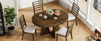 TREXM Round Dining Table for 4 with Chairs Set, Extendable Dining Table Set with 16' Removable Middle Leaf, 5 Piece Retro Dining Table Set Unique Geometric Design for Kitchen, Dining Room (Walnut) - 1st Choice Furniture Direct