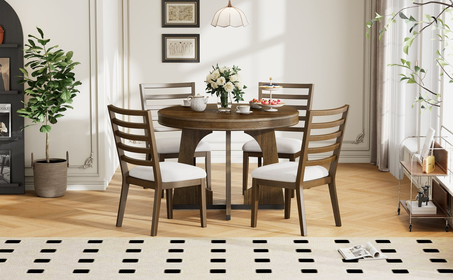 TREXM Round Dining Table for 4 with Chairs Set, Extendable Dining Table Set with 16' Removable Middle Leaf, 5 Piece Retro Dining Table Set Unique Geometric Design for Kitchen, Dining Room (Walnut) - 1st Choice Furniture Direct